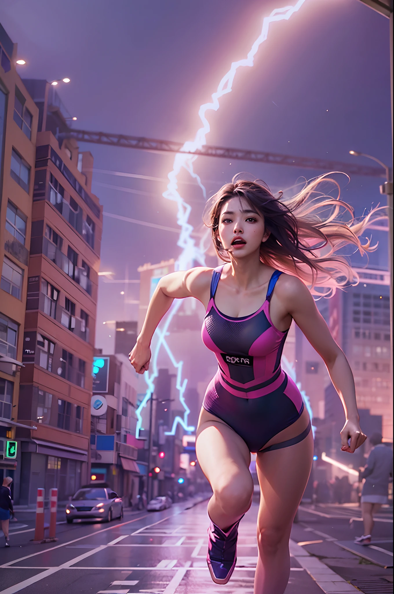 1girl, super beautiful girl, dream girl, wearing a leotard and pink boots, ulzzang, running, in the background a city, lightning in the sky, ultra details, ultra realistic, cinematic , octane render, 16k