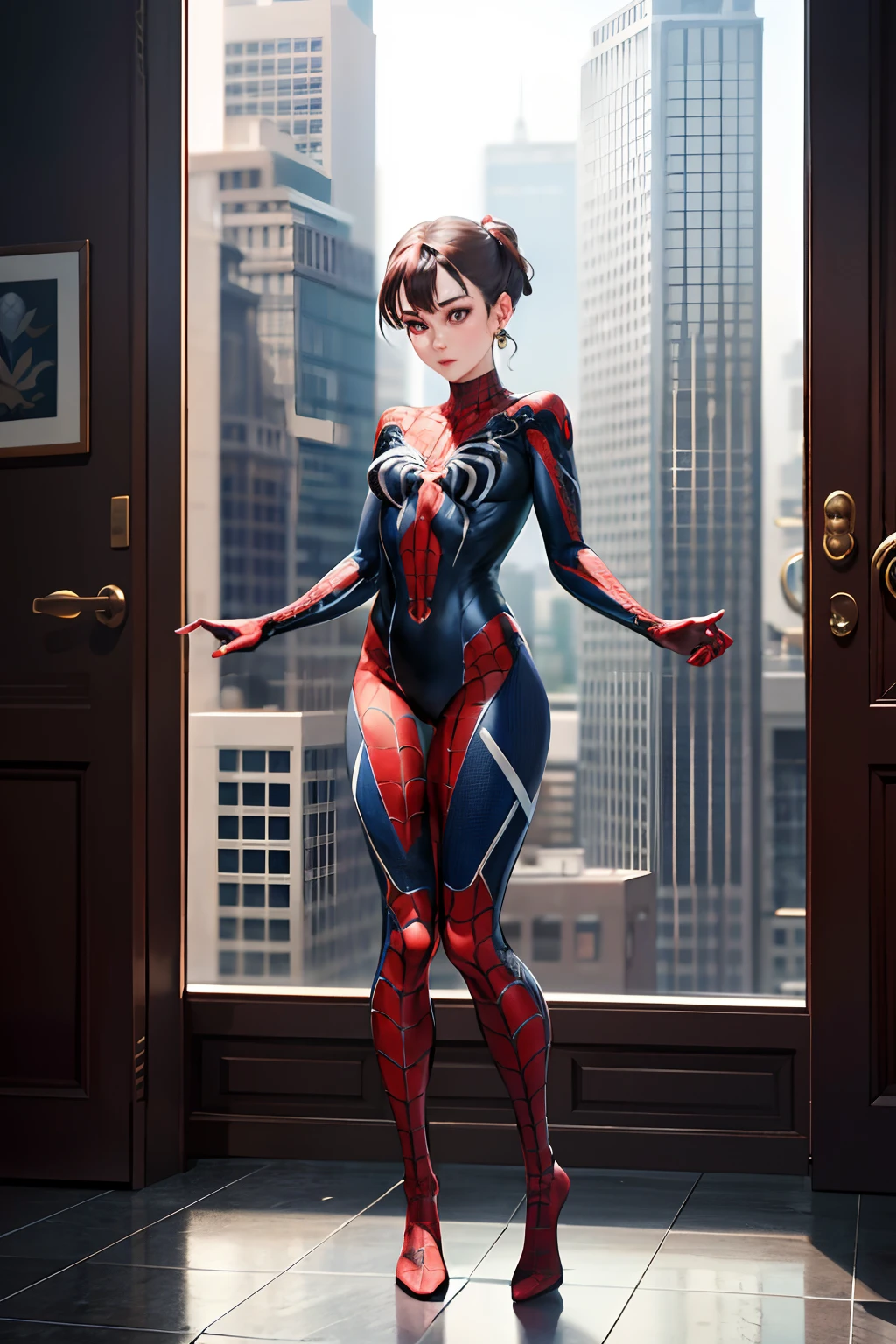 The female version of Spider-Man,Sexy white Spider-Man suit,without showing face,Cross your hands at the waist,Spread your feet