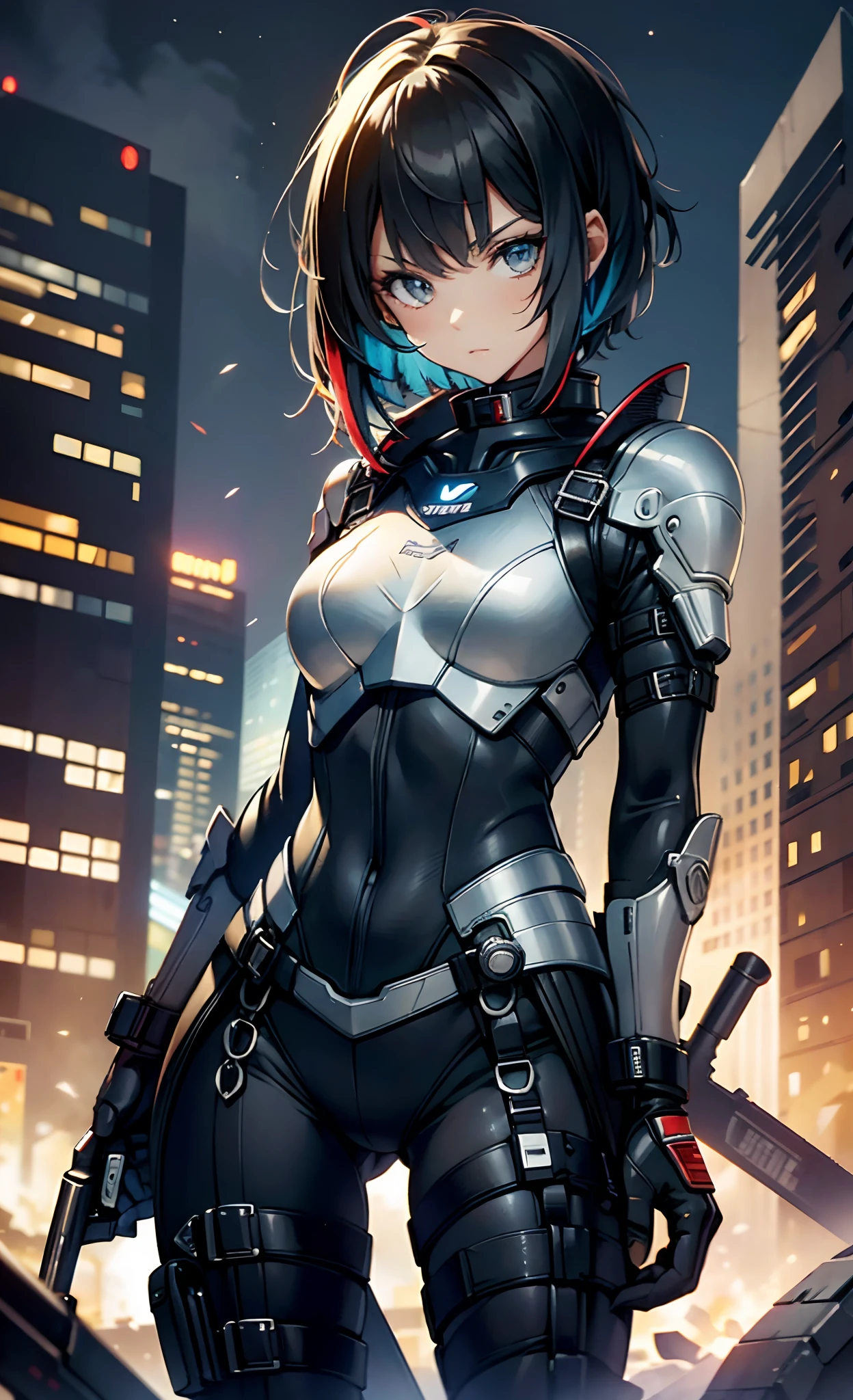 best qualityer,tmasterpiece,Ultimate resolution,downy,Extremely colorful,Colorful,Women combatants,a matural female,Black super short hair,holding gun,Tight combat suit,tightsuit,Steel City background,the night,Normal posture,Normal posture