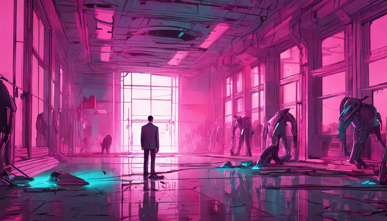 Fifteen men clad in a formal suit wields a weapon,Battle a bio-mechanical monster,abandoned hospital corridor,illuminated by light rays filtering through the glass,in a contrasting pink and blue color scheme,painting style:Surrealism,artist: Alena Aenami