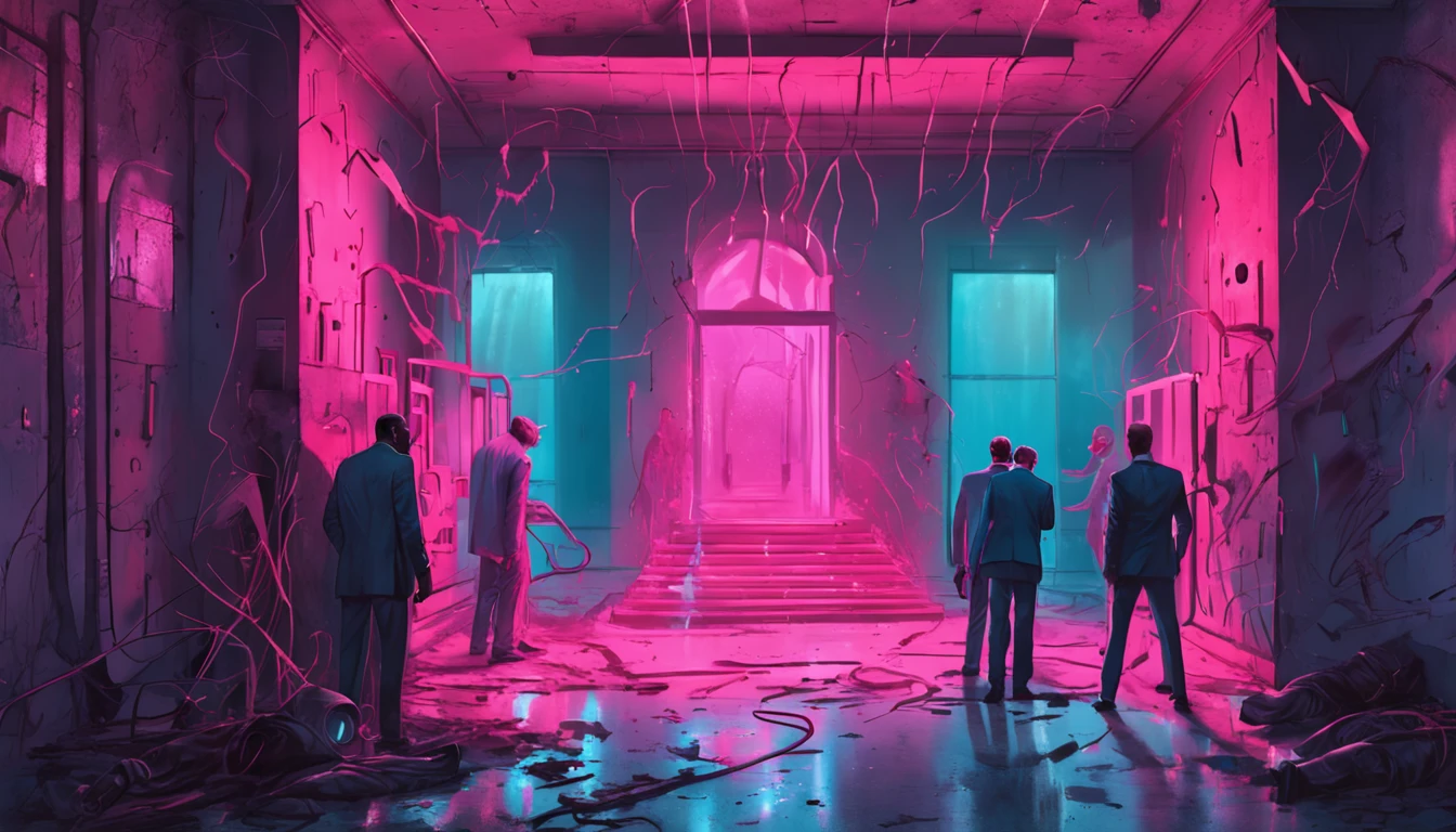 Fifteen men clad in a formal suit wields a weapon,Battle a bio-mechanical monster,abandoned hospital corridor,illuminated by light rays filtering through the glass,in a contrasting pink and blue color scheme,painting style:Surrealism,artist: Alena Aenami