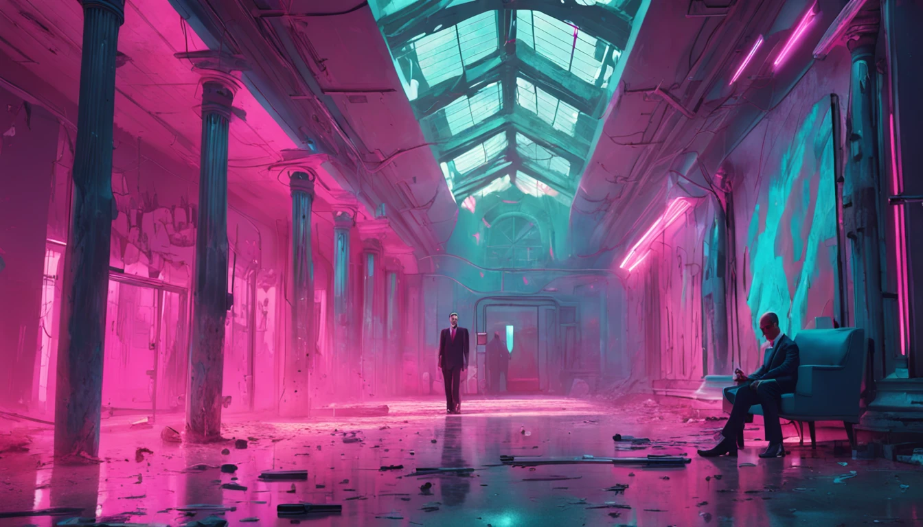 Fifteen men clad in a formal suit wields a weapon,Battle a bio-mechanical monster,abandoned hospital corridor,illuminated by light rays filtering through the glass,in a contrasting pink and blue color scheme,painting style:Surrealism,artist: Alena Aenami
