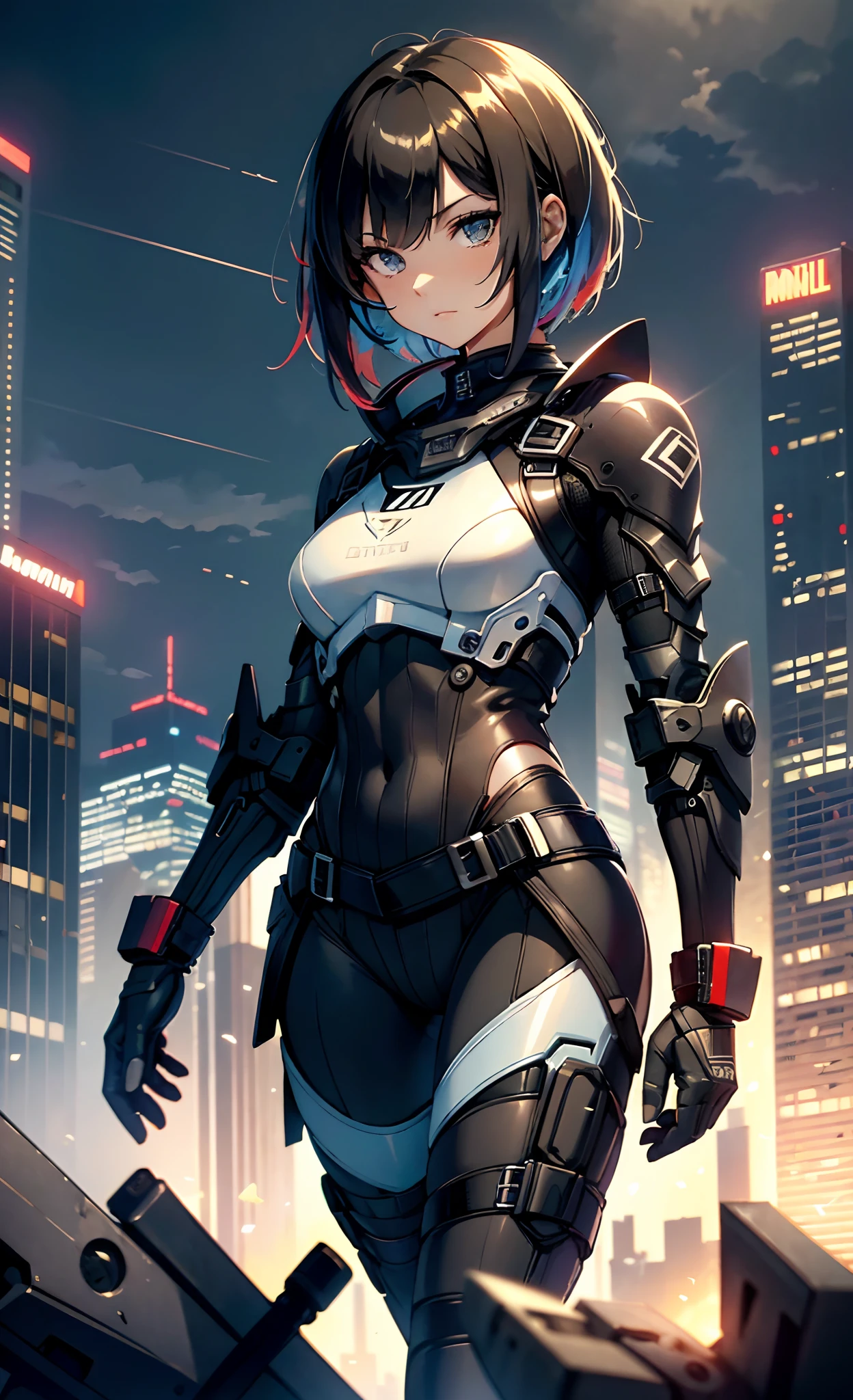 best qualityer,tmasterpiece,Ultimate resolution,downy,Extremely colorful,Colorful,Women combatants,a matural female,Black super short hair,holding gun,Tight combat suit,tightsuit,Steel City background,the night,Normal posture,Normal posture