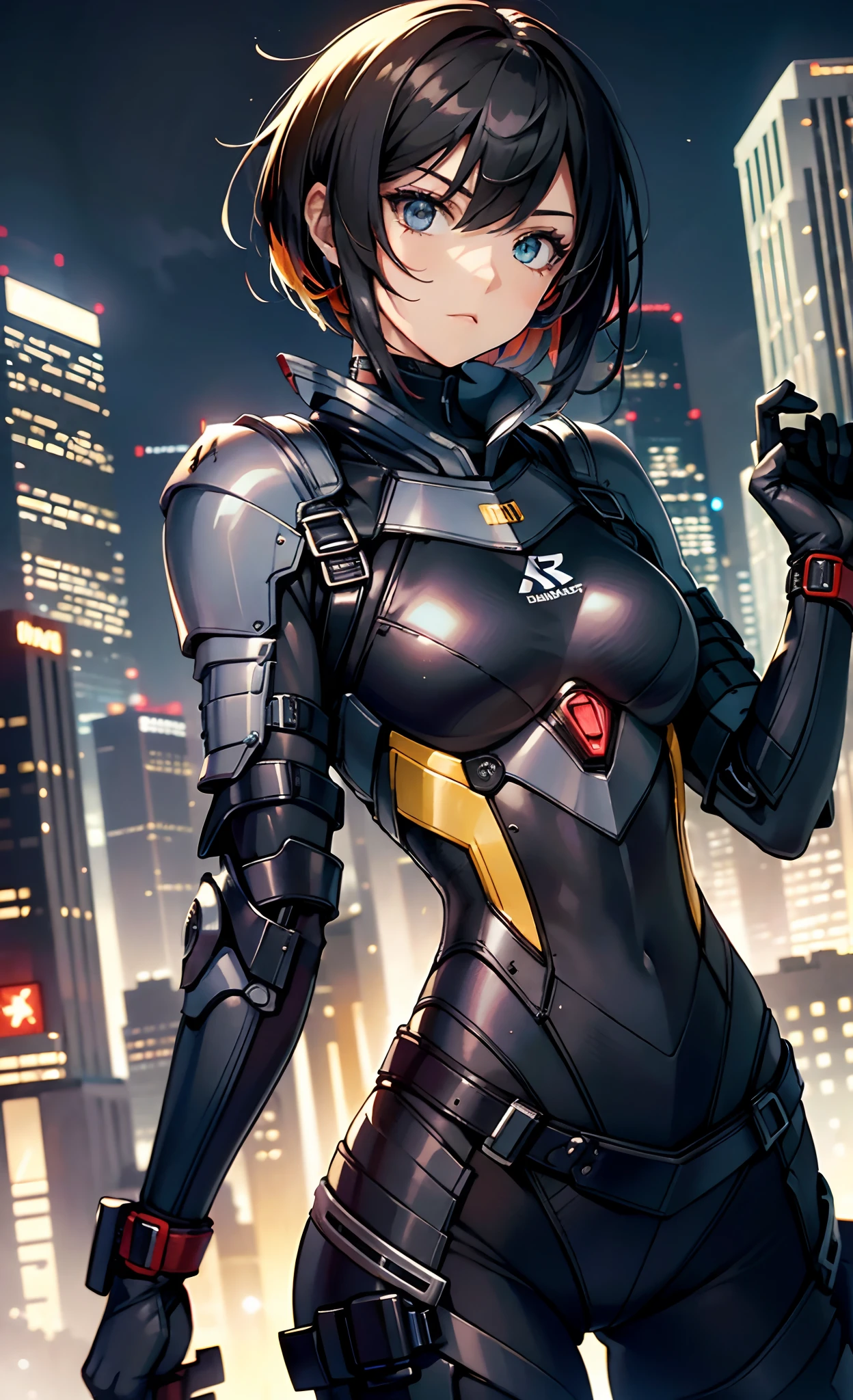 ((Highly accurate drawing)Extremely accurate depiction)[high resolution],(detailed illustrations,とてもbeautifulで緻密な描画,Delicate lines and rhythm,Realistic texture expression),[Color Tracking Main Line],[Shinjuku night background],(Japanese cartoons) (Ninja Girl (beautiful) 15 years old) muscular [slim] Short Bob Hairstyle,([Wasp] Orange Ninja Armor) scarf [Booths] ((Assembling rubber lining) [honeycomb] [edge]) Hair accessories (Dull metallic luster:0.8),Gravure printing [Meinoichi],[High contrast:0.6],(複雑でbeautiful装飾 [Dense details]),(きめ細やかでbeautiful肌表現 [transparency]),((Precisely drawn eyes))[完璧な目のdetailed((宝石のようなbeautiful瞳)The iris is very finely detailed)[Clear pupils]],[eyeshine[Accurate Lighting，protect eyes]],[長くてbeautiful睫毛],[Precisely drawn hair [美しく艷やかな髪のdetailed]],(完璧な手のdetailed [No damage to fingers [beautiful nails]]),(Perfect anatomical structure(Perfectly balanced proportions))[[Full body portrait]],[[Well-designed]][Ideal color coordination(Accurately simulate light and material interactions)],([Precision details](detailed,高beautiful)),[Visual art that tells stories],((best quality)beautiful[[High-density drawing]])(4k picture quality).