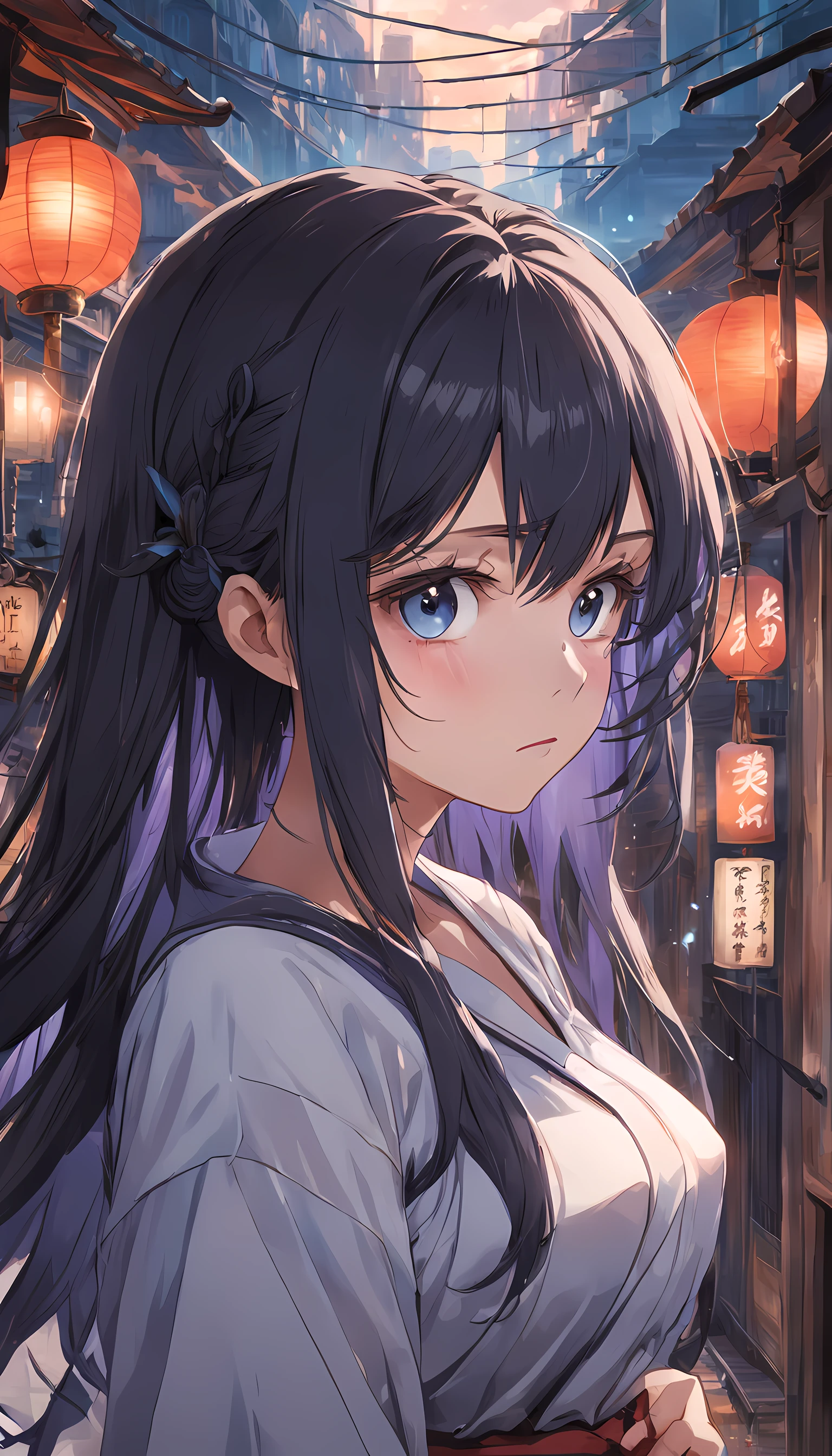 （masterpiece），（best qualtiy），（highly detailed），（illustratio），（超高分辨率）one-girl，Off-the-shoulder attire，astonishment，tutor，Black color hair，straight long hair，white shirt，Mature woman，40-year-old woman，Large breasts，scowling，Top-down view，Close-up shot，Write homework，inside in room，bookshelves，desks