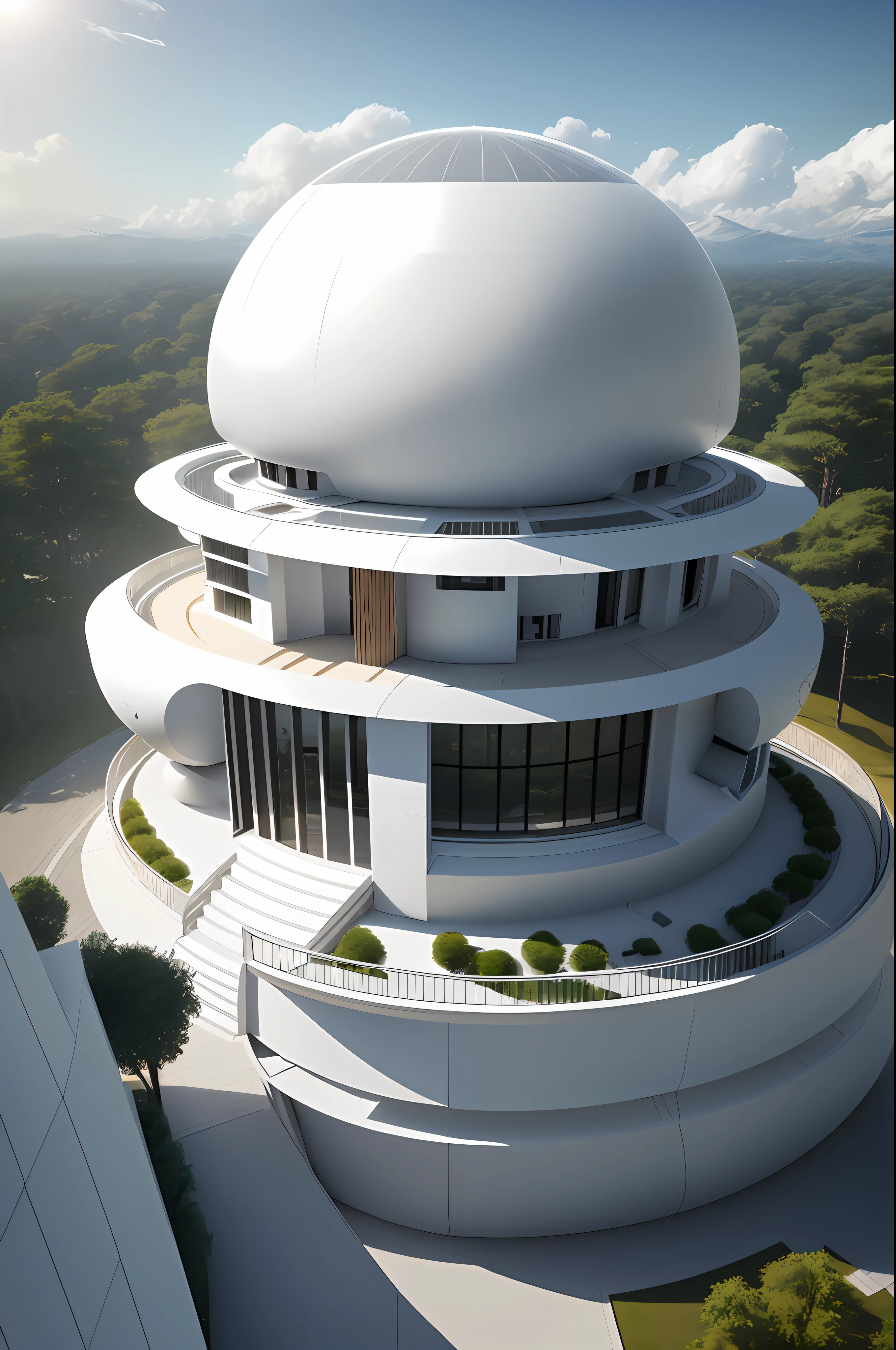 semi-spherical exterior home,  modern architectural design, more forms and functions, new scientific home, high solar energy technology,  white color and metallic, forest, daylight, sky, white cloud, realistic, photorealistic, futuristic, 8K, masterpiece, best quality, high resolution, extremely full detailed,