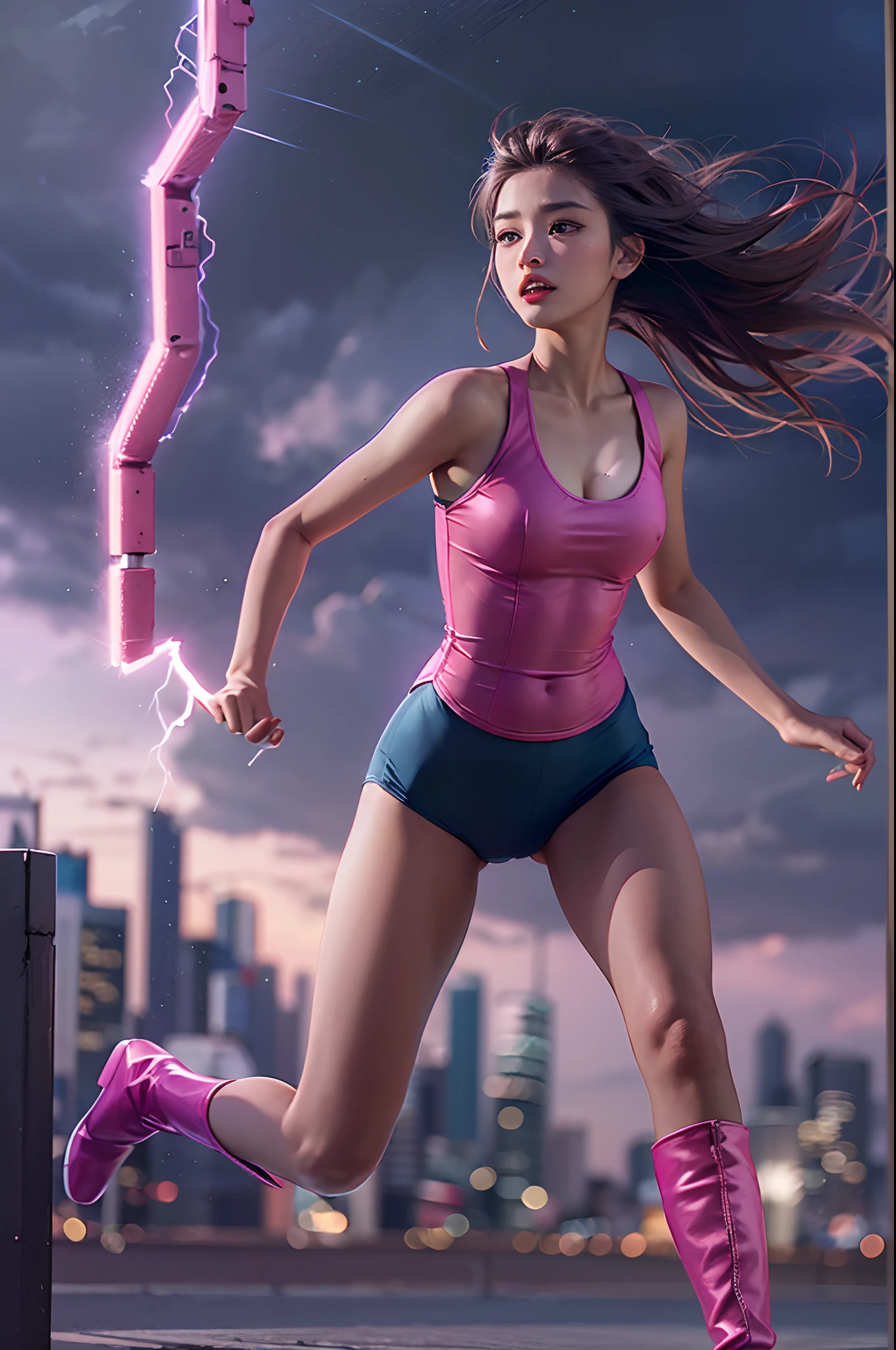 1girl, super beautiful girl, dream girl, wearing a leotard and pink boots, ulzzang, running, in the background a city, lightning in the sky, ultra details, ultra realistic, cinematic , octane render, 16k