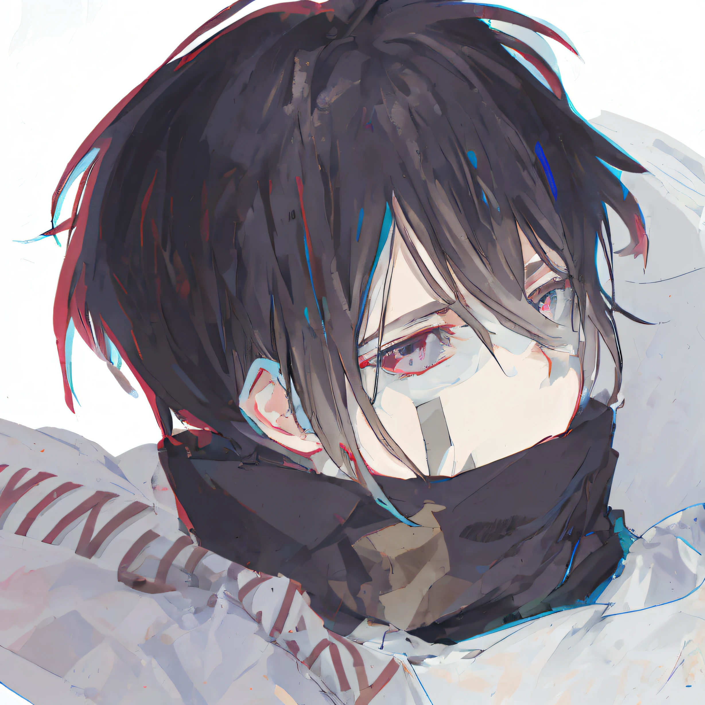 brunette color hair,Anime boy with a scarf on his head, , gapmoe yandere, Anime boy, eren jaeger, in an anime style, He wears a mask,Match the original picture person,Improve the details,Be bolder in stylistic experimentation
