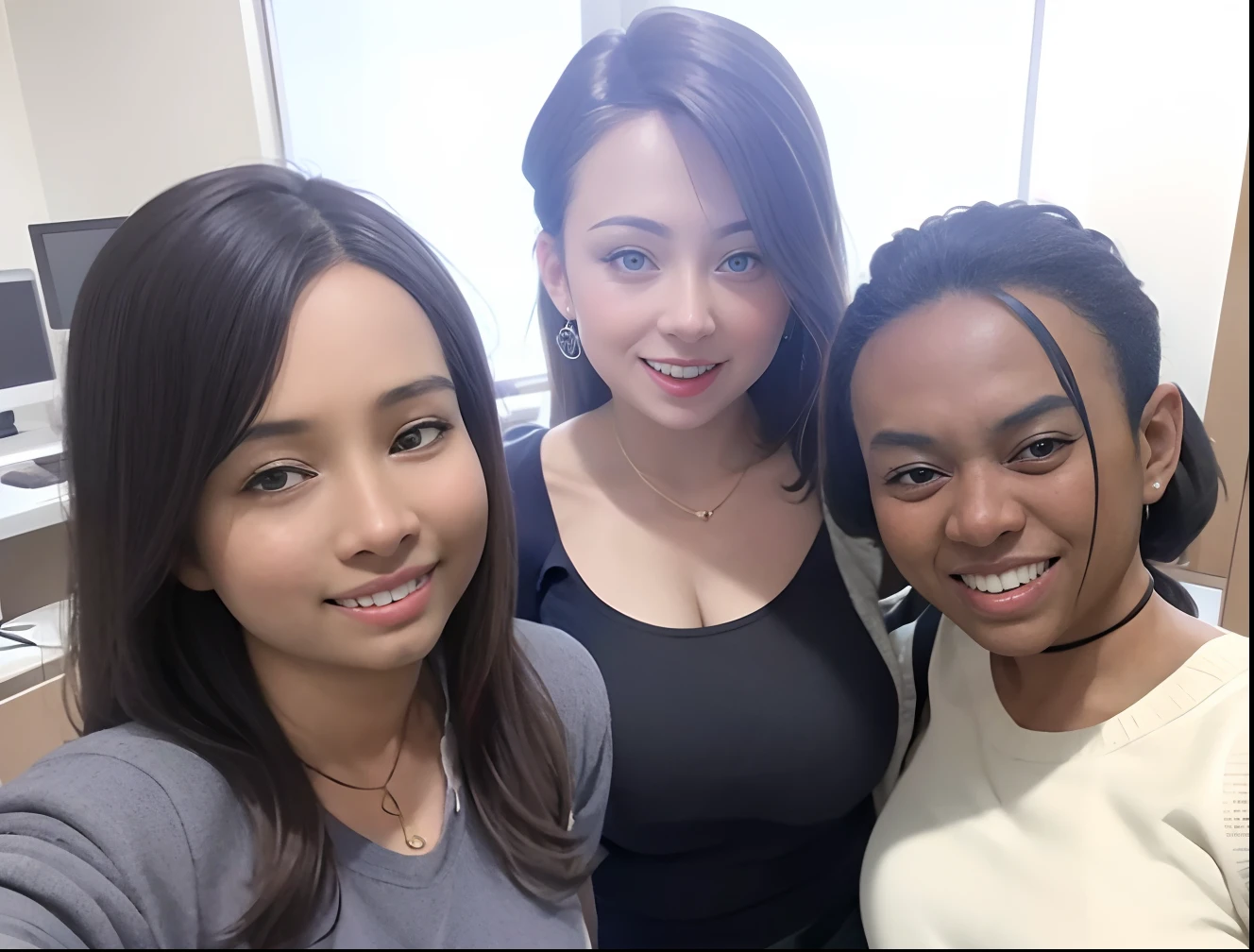 three women are smiling and posing for a picture in a room, foto do instagram, foto do snapchat, foto de perfil, last photo, foto de grupo, uma imagem, foto do perfil, imagem de perfil, belos arredores, divertindo-se, In the background, suave em _ O pano de fundo, Capturado no iPhone, in a lab, vestindo jaleco e blusa, instagram post, imagem completa, mantenha o rosto original desta foto.