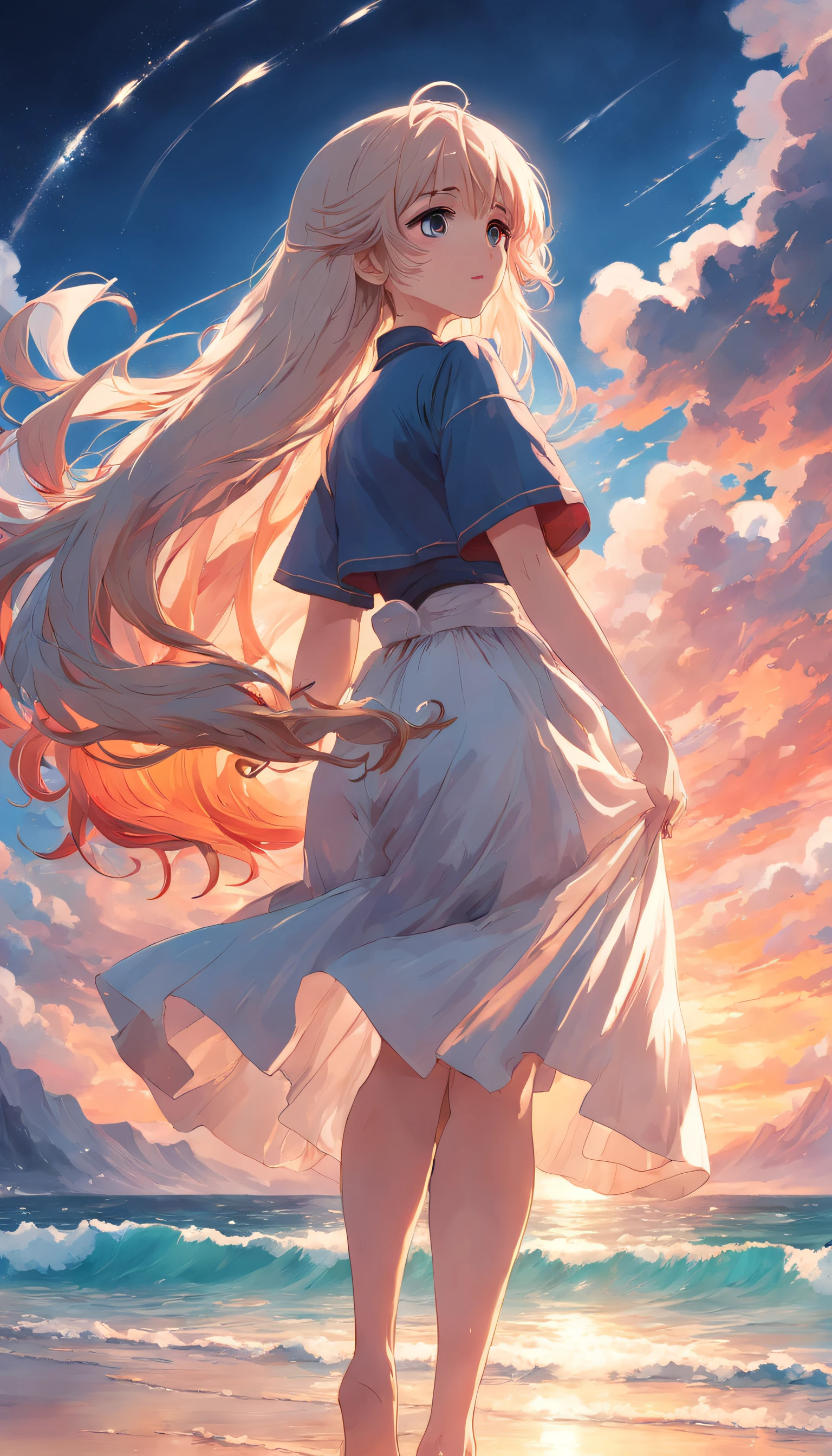 tmasterpiece,best qualtiy,cinematic Film still from,1girll,a white long skirt,Flying hair,Colorful auspicious clouds,Kizi,Floating in the sky,beachside,closeup cleavage,brightly,cheerfulness,Warm and soft lighting,the sunset,(spark of light:0.7)