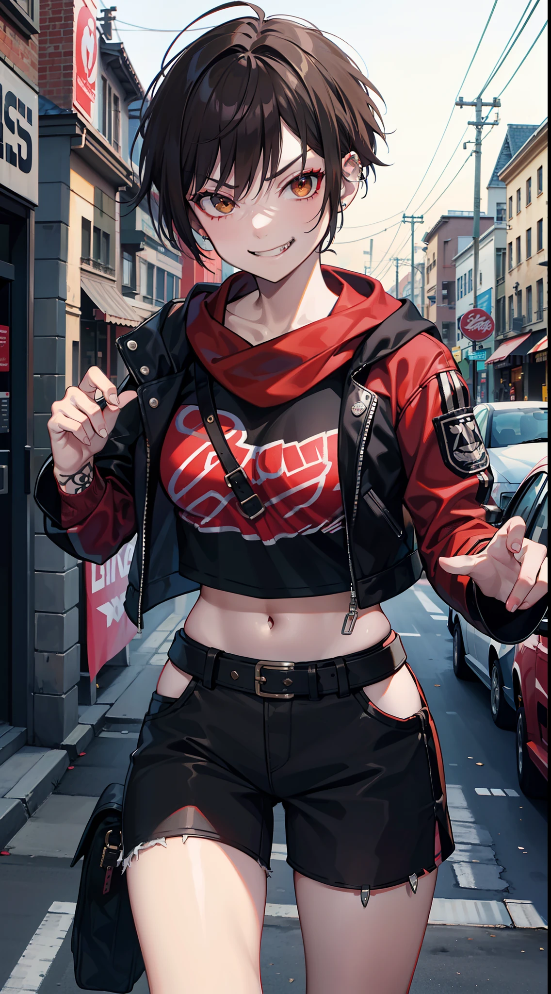 Adult woman, fangs, Orc, short brown hair, Punk hairstyle, Brown eyes, ciberpunk, The Monk of Street Fighting, brawn, smirk, Masterpiece, hiqiquality