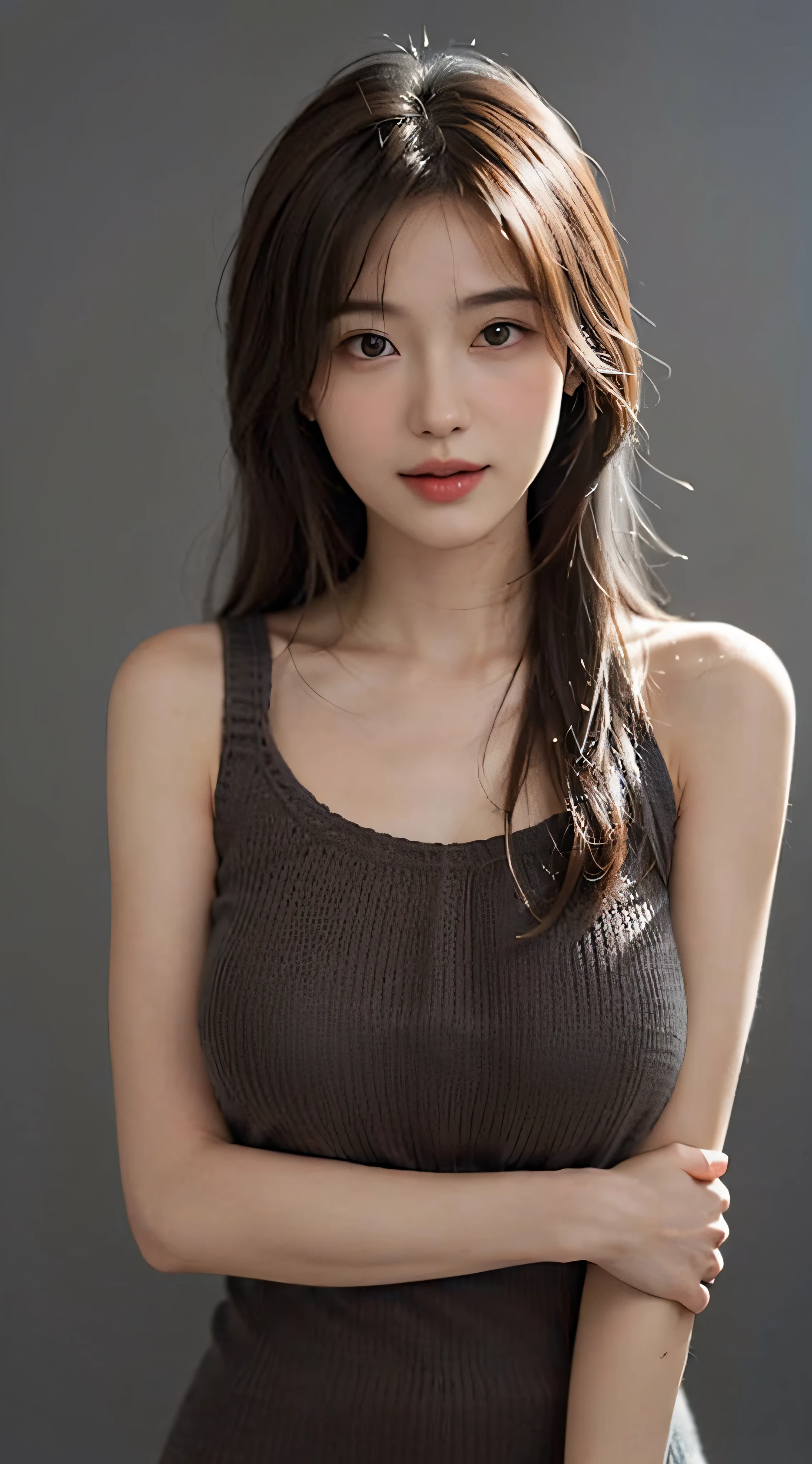 top-quality、Drawn details、(Put your face and upper body in:2)、​masterpiece、超A high resolution、(Realistic:1.4)、Raw photo、(Beautiful fece:1.5)、cute little、[smile]、(Brown Medium hair:2)、女の子1人、(firm breasts, huge breasts:1.8)、(fair and clean skin:1.7)、(A slender:1.5)、(thin waist, Thin arms, thin neck, thin shoulders:1.5)、(Dress、Sleeveless、knit、Gray:1.5)、BREAK (simple gradation background、Gray:1.5)、(flat lighting、Soft lighting:1.3)
