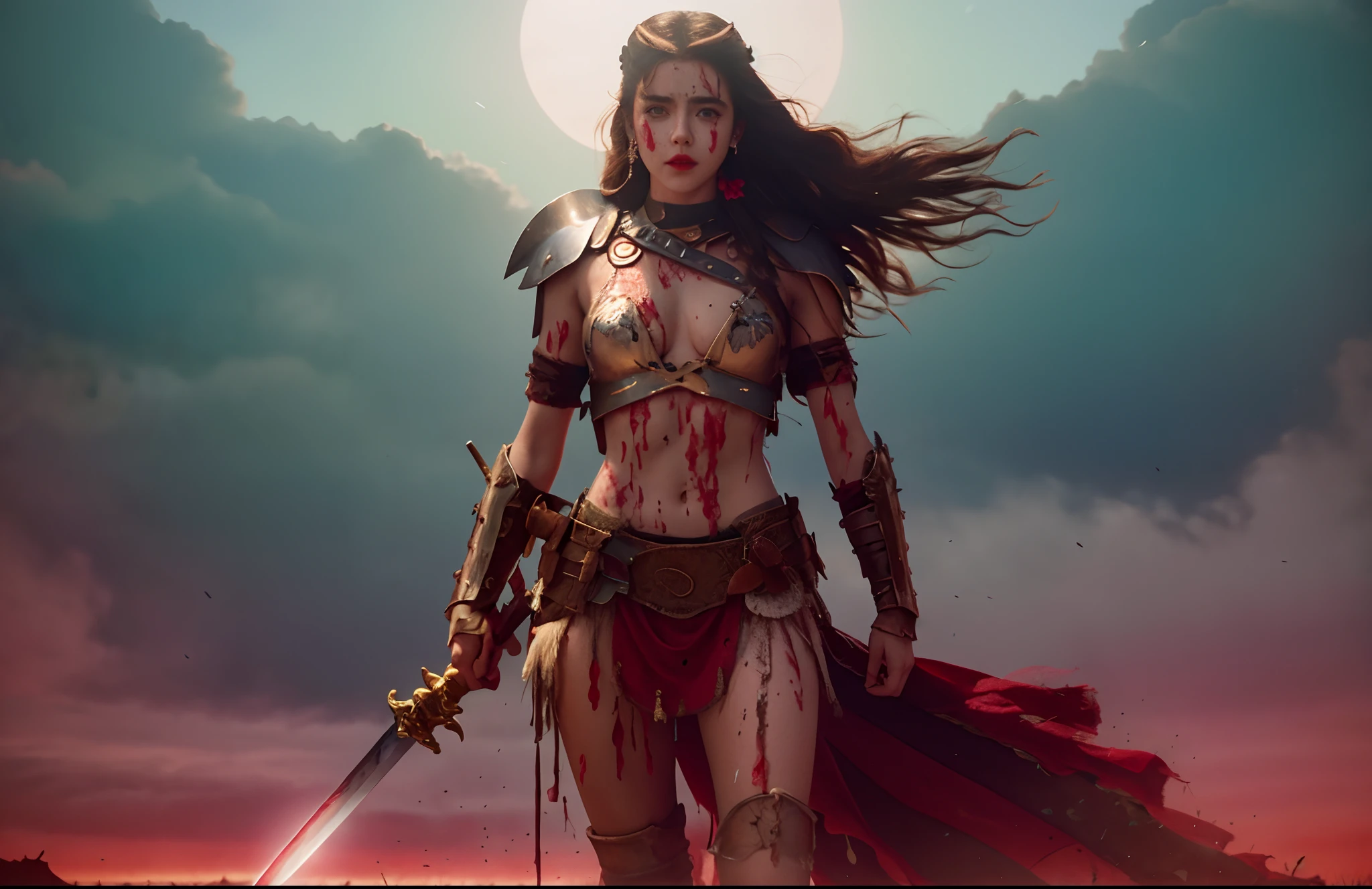 Kiernan Shipka, olhos azuis, red-lips, cabelo loiro, Perfect face with sword standing in a field with overcast sky in the background, barbarian warrior girl, linda guerreira, uma bela mulher guerreira, female warrior, seios bonitos, seios nus, mamilos rosados, Mulher guerreira de seios nus, pernas bonitas, coxas grossas, porcelain skin  uma mulher berserker muito bonita, very beautiful female barbarian, portrait of a barbarian woman, menina guerreira, portrait of a barbarian woman, Warrior Woman, Arte de fantasia 4k, princesa guerreira, menina seminua, suja de sangue, figura solo, menina loira de 19 anos, Kiernan Shipka.