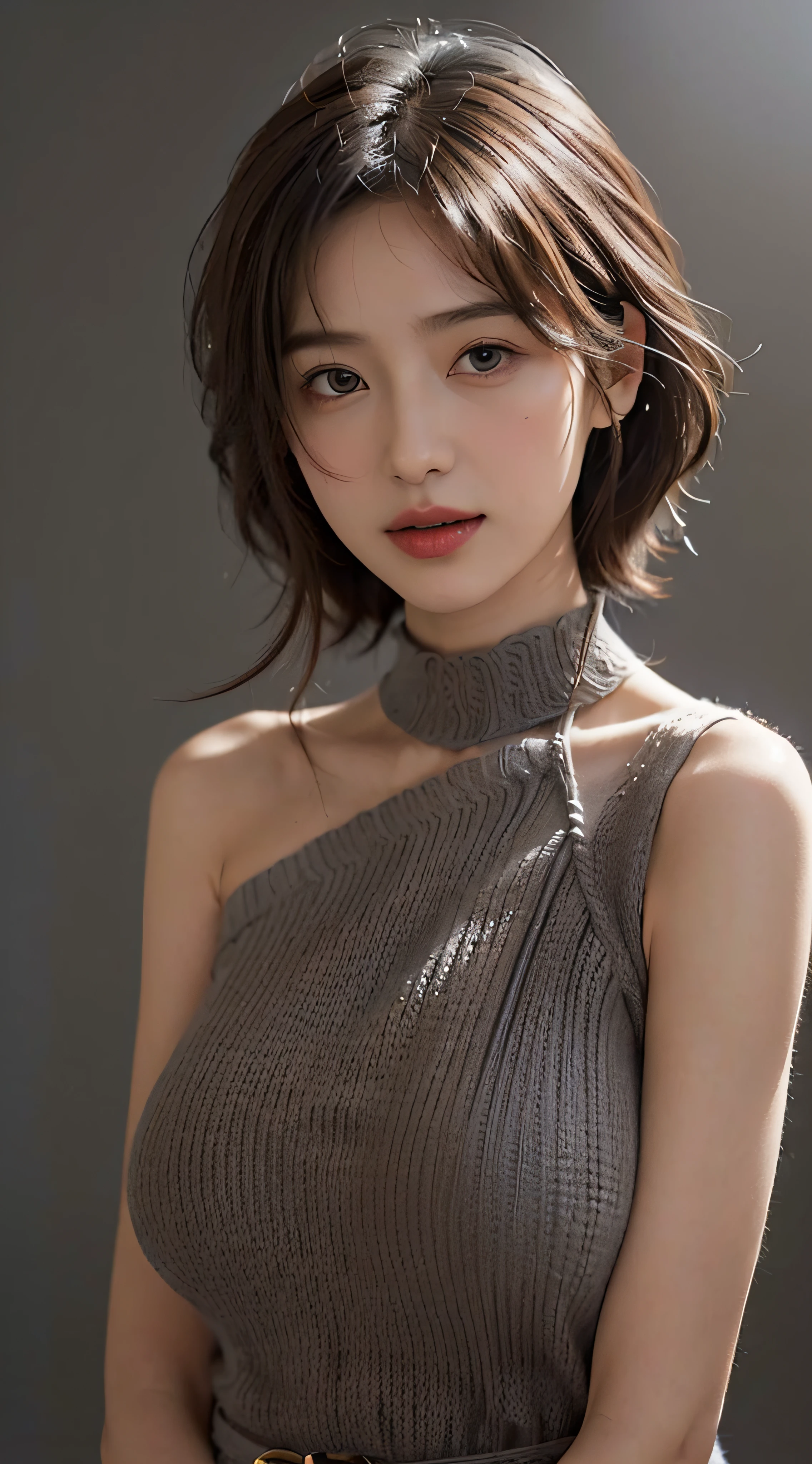 top-quality、Drawn details、(Put your face and upper body in:2)、​masterpiece、超A high resolution、(Realistic:1.4)、Raw photo、(Beautiful fece:1.5)、cute little、[smile]、(Brown Medium hair:2)、女の子1人、(firm breasts, huge breasts:1.8)、(fair and clean skin:1.7)、(A slender:1.5)、(thin waist, Thin arms, thin neck, thin shoulders:1.5)、(Dress、Sleeveless、knit、Gray:1.5)、BREAK (simple gradation background、Gray:1.5)、(flat lighting、Soft lighting:1.3)