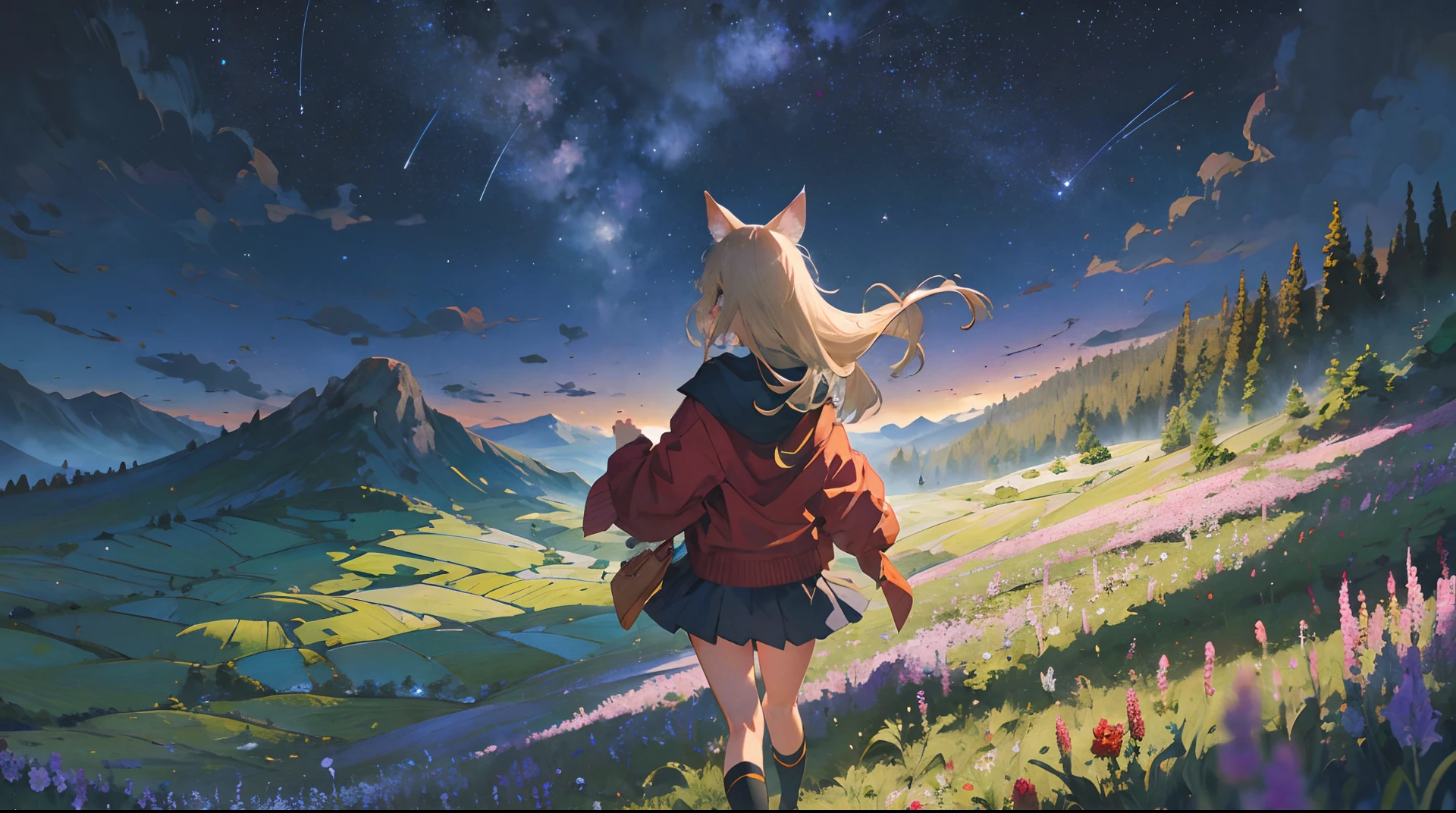 masterpiece, best quality, flower field, in a meadow, the top of the hill, plateau, stars, night, ass_visible_through_thighs, loli, 2girls, kemonomimi_mode,
