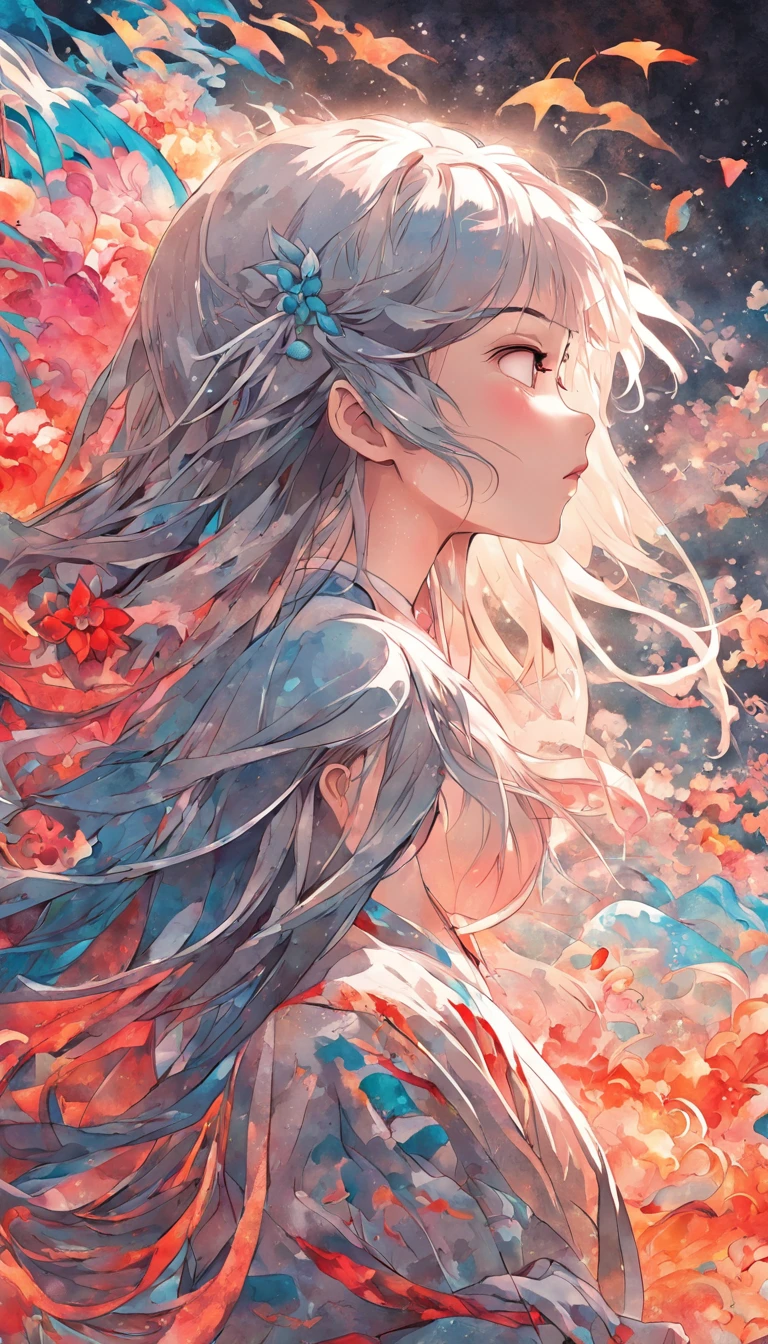 (White background:1.4),(Silhouette of a girl's head, Eyes closed, colorfull long hair, Oriental elements),(Chinese illustration:1.3,paper art:1.3, Quilted paper art:1.2),( reasonable design, Clear lines, High sharpness,Best quality, Very detailed, Masterpiece, movie light effect, 4K )