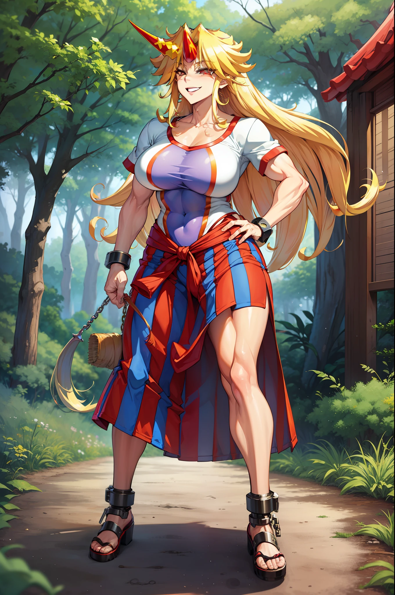 hoshiguma yuugi, 1girl,single horn, blonde hair, long hair,yellow eyes,shackles ,white shirt,skirt,, walking, long skirt, forest, red eyes,smile,, full body, villaage, musclegirl