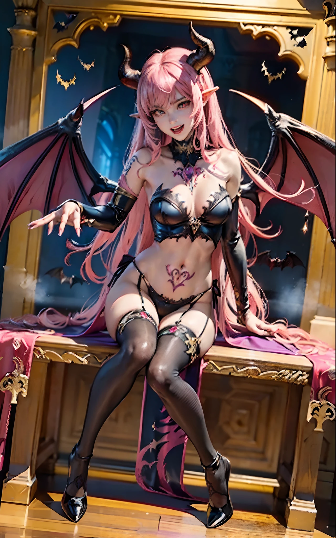 best quality, masterpiece,ultra detailed, official art,(extremely detailed CG unity 8k
wallpaper), (masterpiece), best quality, illustration, (powerful), art oflight, artist style, beautiful detailed star sky,(((bat print black kneehighs ))), (cygames:1.4), (dark flame:1.3), Japanese light novel cover, grand scene, dark bodysuit,((fullbody)),((succubus tail)),
(beautiful detailedgirl), (((solo))),(((full body))),wet skin, (((demon queen))),
metal, complex pattern, beautiful detailed hair,red luminous eyes, longeyelashes,
((constricted pupils)),pointy ears, slit pupils,silver long hair,beautiful collarbone , (purple tattoo), (tattoo on leg), tattoo on arm, luminous gem on chest,(demon heart tail),demon fang, pointy ears,
((purple long fingernails)),(bat decorate soft armor), ((bat decorate high heels)),giant bat wings,(fingerless_gloves), bat print black garter belt, (elbow_gloves),fang out, a group of
bats, ((endured_face, open mouth, seductive smile, )),lingerie,
bat decorateanklet,bat decorate body,(presenting foot), (luminous tattoo),(queen),useing magical, (beautiful detalied hands), nfsw, (((pink steam from full body ))), ((2legs)) , ((neck biting)),