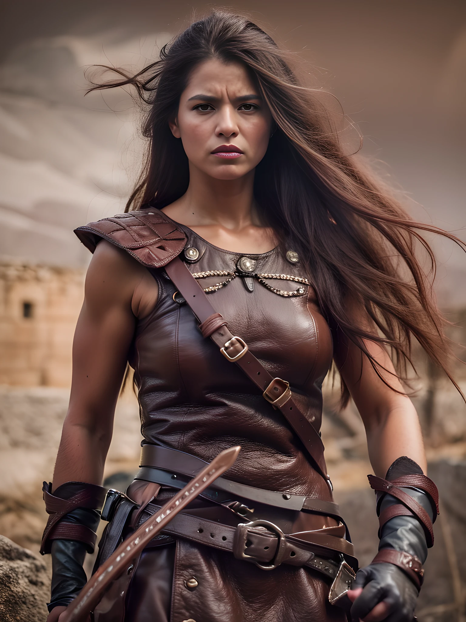 RAW photo, ((powerful)), ((fierce)), ((Intransigent)), 1 Spanish woman , Tartessos, His presence inspires respect and evokes awe. Dressed in an open leather vest, The warrior wields weapons such as bows and arrows, The weathered face bears witness to countless battles and indomitable courage. Standing against a backdrop of an abandoned medieval Tower, On a rocky mountain in the middle of the Spanish prairie, Ferdinand Knab style, she represents the indomitable spirit of the warrior women of Tartessos, With her flowing hair and determined expressions, She embodies strength, bravery, and beauty. This scene captures the essence of their rich history and fierce warrior traditions, Immersing you in an epic saga of valor and conquest. at eye level, scenic, Masterpiece.