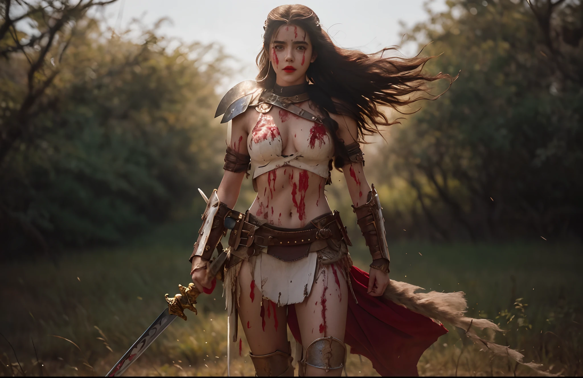 Kiernan Shipka, olhos azuis, red-lips, cabelo loiro, Perfect face with sword standing in a field with overcast sky in the background, barbarian warrior girl, linda guerreira, uma bela mulher guerreira, female warrior, seios bonitos, seios nus, mamilos rosados, Mulher guerreira de seios nus, pernas bonitas, coxas grossas, porcelain skin  uma mulher berserker muito bonita, very beautiful female barbarian, portrait of a barbarian woman,  guerreira, portrait of a barbarian woman, Warrior Woman, Arte de fantasia 4k, princesa guerreira, meninaua, suja de sangue, figura solo, menina loira anos, Kiernan Shipka.