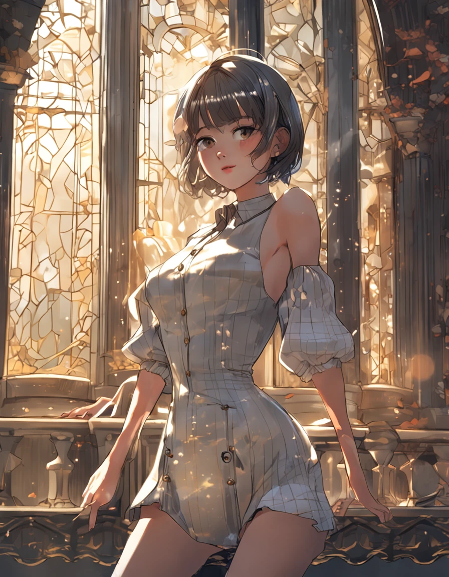 Anime style, A beautiful girl with a thight suit, hourglass body, sunbeams through the window, Dusk, intricate details, very short hair, masterpiece, best quality