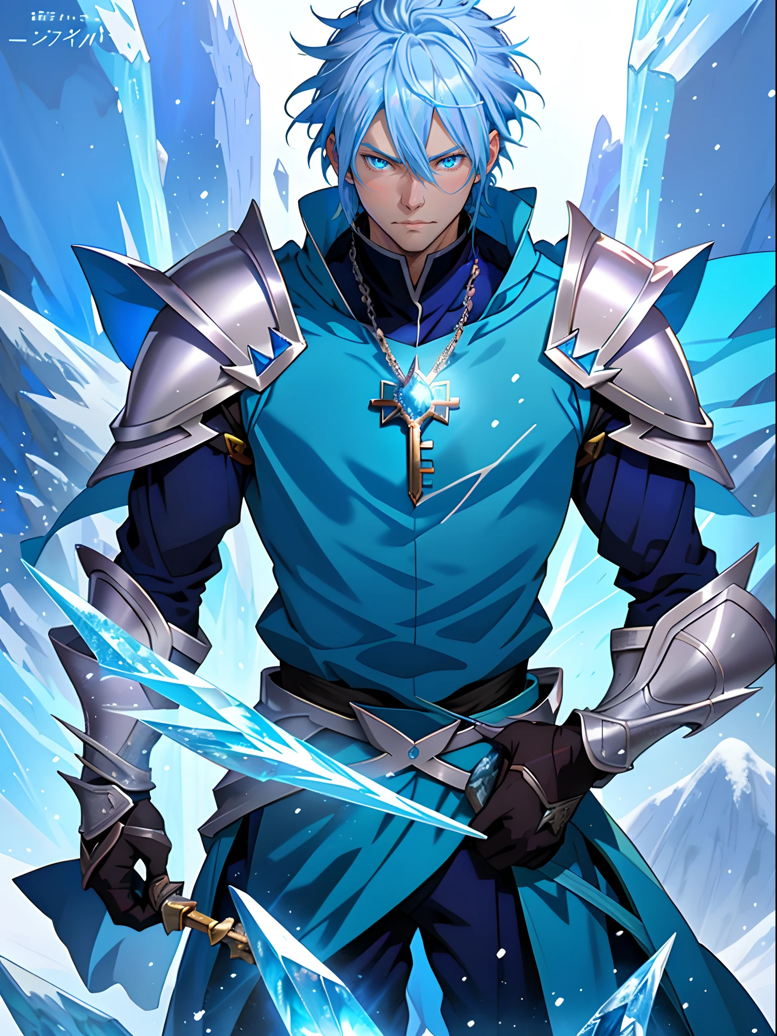 Anime characters with blue hair and blue eyes in snowy scenes, Ice Mage,  Tall anime guy with blue eyes, freezing blue skin, Key anime art, Kazuto Okada。, male anime character, Ice crystal armor, Detailed key anime art, full portrait of magical knight, blue and ice silver color armor, with ice powers