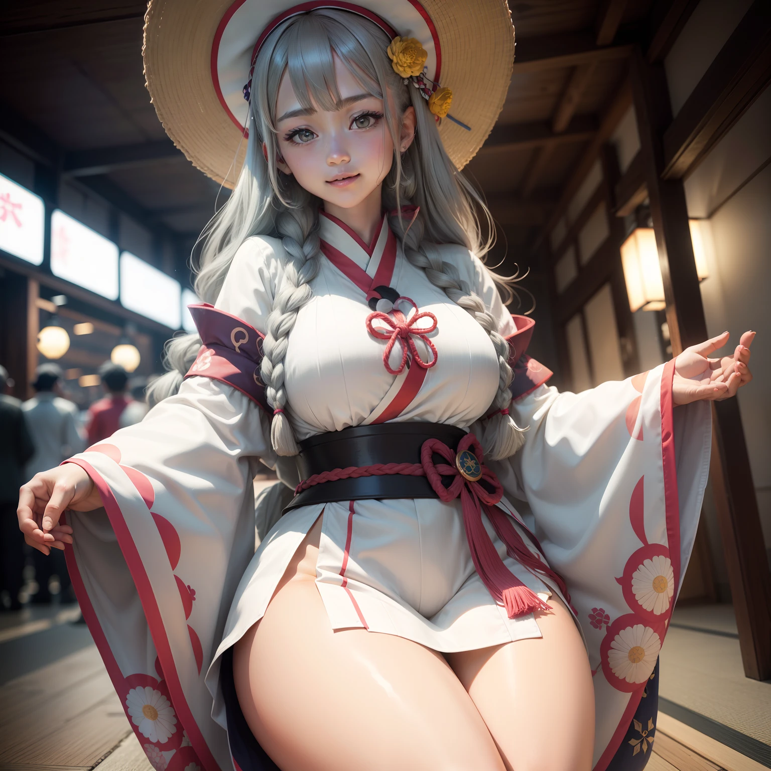 Woman wearing a shirt dress with the image of Jizo((top-quality、8K、​masterpiece:1.3))、full body Esbian、focus clear:1.2、Excellent style:1.4、masuter piece、(Realisticity: 1.2)、(Photorealsitic:1.3)、
realisitic、realisticlying、Raw foto、hyperdetailed face（Gray hair、Braiding hair、The face of the Japan idol、lite smile）、hyper detailed background（Japan Mountain）、Ultra-detailed costumes（Wearing a yellow Japan hat、A Japanese style、Short length）、hyperdetailed body（rather large breasts、A little carnal thighs）、super-detaild skin、Sedentary pose