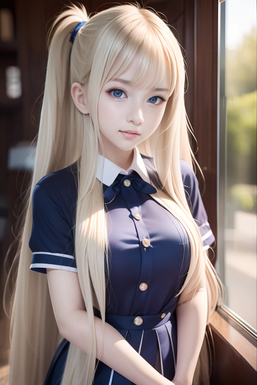 portlate、School Uniforms、bright expression、Young shiny shiny white shiny skin、Best Looks、Blonde reflected light、Platinum blonde hair with dazzling highlights、shiny light hair,、Super long silky straight hair、Beautiful bangs that shine、Glowing crystal clear attractive big blue eyes、Very beautiful nice cute 16 year old girl、Lush bust、poneyTail、​masterpiece、top-quality、hight resolution、extremely detailed photo、profetional lighting、Take a photo and pose、