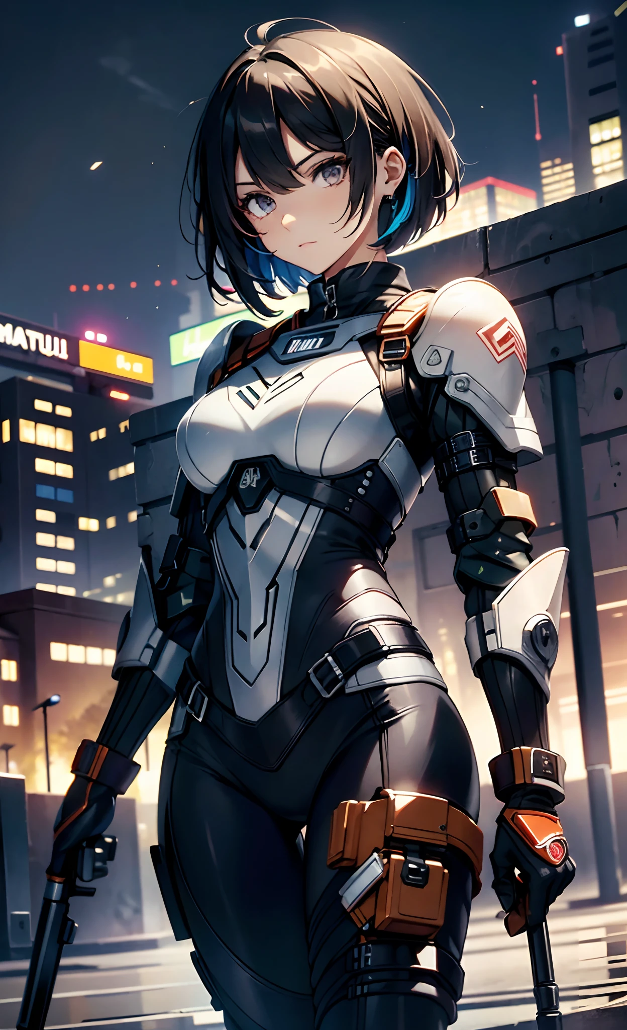 best qualityer，tmasterpiece，Ultimate resolution，downy，Extremely colorful，Colorful，Women combatants，a matural female，Black super short hair，holding gun，Tight combat suit，tightsuit，Steel City background，the night，Normal posture，Normal posture