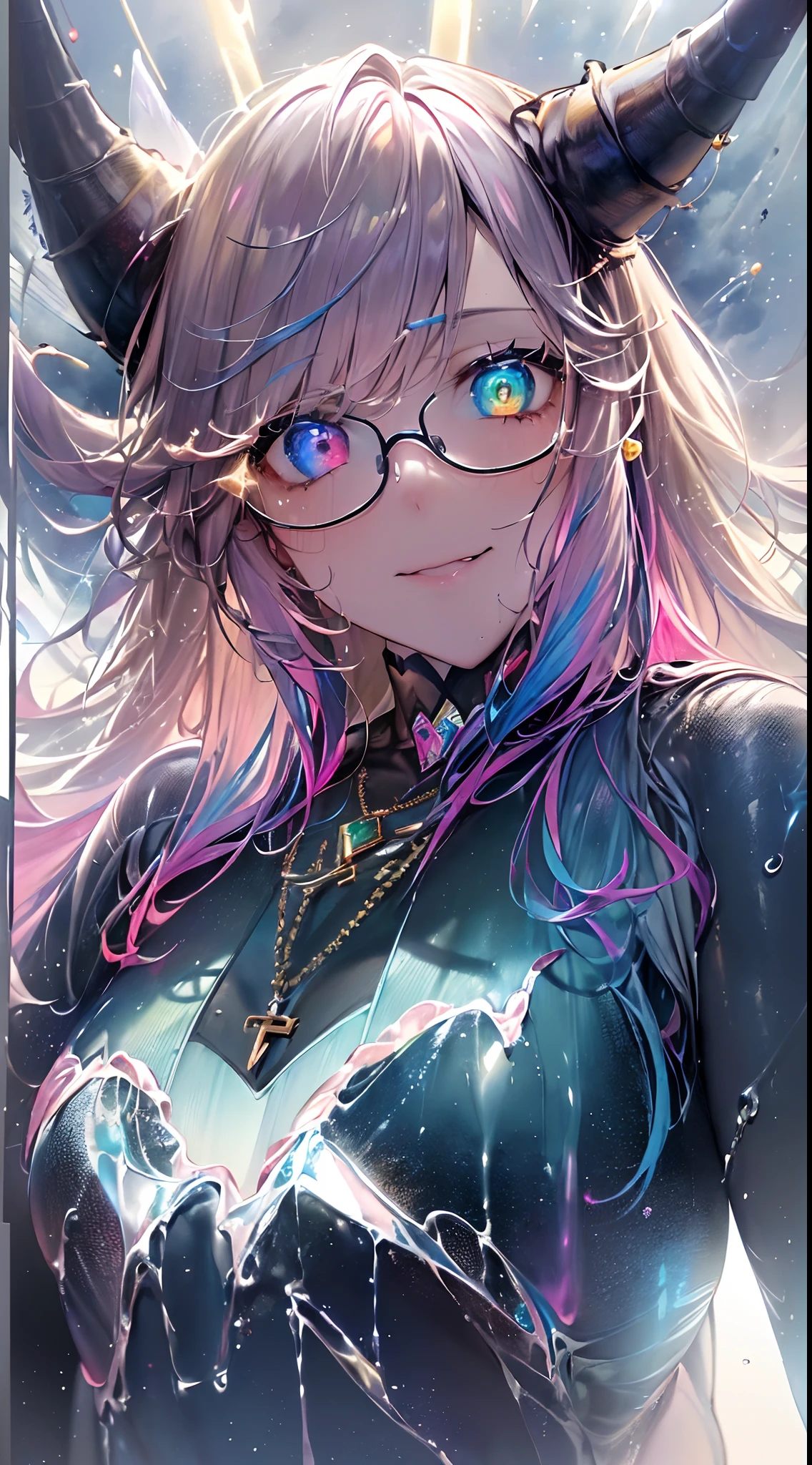 ((masutepiece, of the highest quality, Watercolor art (Pendants), Beautiful and aesthetic: 1.2)), (Golden ratio: 1.2), (Full body: 1.2), (Super Detail: 1.3), (girl with: 1.3), (Fractal Art: 1.3), (Glitter Pupil)),(eye glass:1.5) ,patterns, (Iridescent hair, Colorful hair, Half light blue and half pink hair: 1.2)), Colorful, Writing, (Heterochromia), (Colorful: 1.5), (((Shy face)), (full body Esbian), (Hyper-detailing), ((delicate detail)), (intricate-detail), ((Cinematic Light, Highest quality backlight)), High contrast, ((The best lighting, Very delicate and beautiful)), (( Cinematic Light)), (ray trace reflection, Glow), (((glowing aura)), ((Glowing hair)), ((Super Detail)), (8K)), ((a closeup)), ((Brown skin)), (Showering), ((Seductive smile)) ,((high angle full body shot)),((Demon Girl, demonic horns, demon tail, Devil's Wings, pube_The tattoo, Heart-shaped pupil))、((On the bet))、(black feathers on the back,,,,,,:1.5), (Full body:1.2),(look at viewr:1.2),(all-fours:1.5),(Lightning in the background)、(Thunderclouds on background)、(Ruins:1.5)、(Very heavy rain)