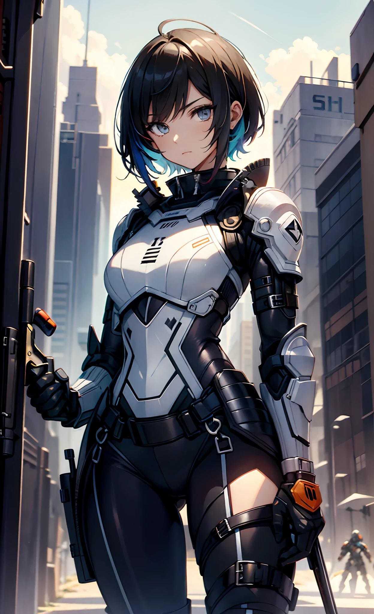 best qualityer,tmasterpiece,Ultimate resolution,downy,Extremely colorful,Colorful,Women combatants,a matural female,Black super short hair,holding gun,Tight combat suit,tightsuit,Steel City background,the night,Normal posture,Normal posture