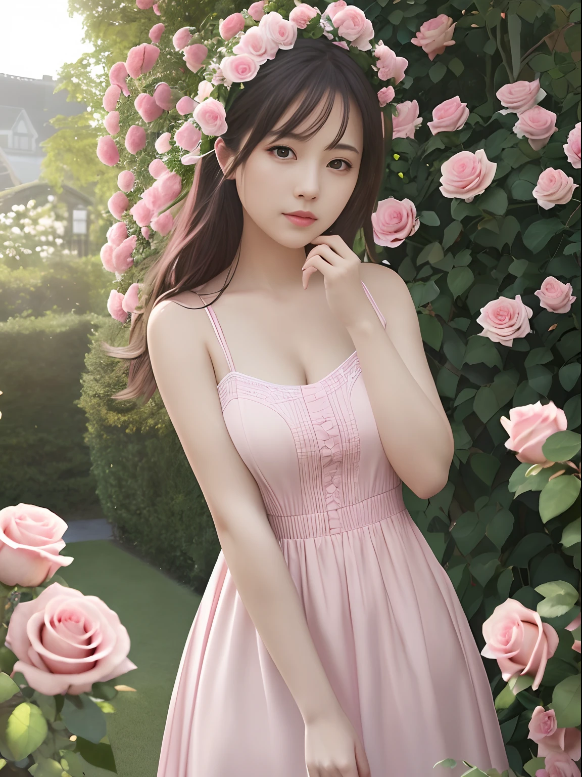 best quality,Super detailed,masterpiece,Employment,8k,Extremely detailed CG unifies 8k, 8k, diamond, and wallpaper，lifelike, Surreal, The original, Intricate details，Detailed face，Exquisite eyes, Skin smooth and soft, Delicate face, Big shining eyes，1 beautiful女孩, 18 years old， Super beautiful face details, Smiling shyly, Medium breasts, (best quality),[masterpiece],((beautiful:0.75) Cute girl:0.75),Long hair,Knees up,necklace,Jewelry,Looking at the audience,Front camera,(Floral Background:1.2),Ancient Chinese Town,old Chinese building,dusk,Sunlight,Chinese garden, Printed dress,