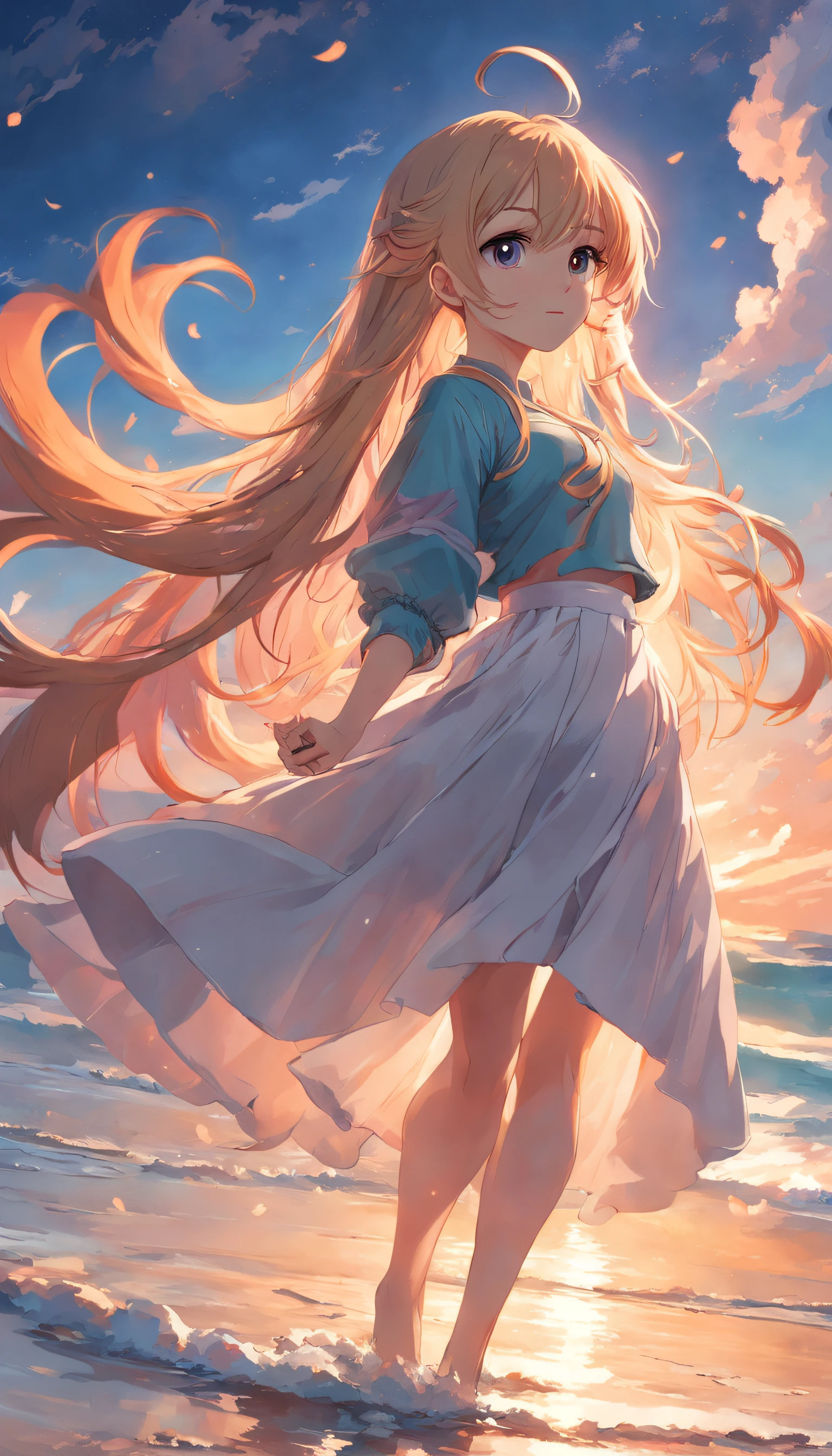 tmasterpiece,best qualtiy,cinematic Film still from,1girll,a white long skirt,Flying hair,Colorful auspicious clouds,Kizi,beachside,closeup cleavage,brightly,cheerfulness,Warm and soft lighting,the sunset,(spark of light:0.7)