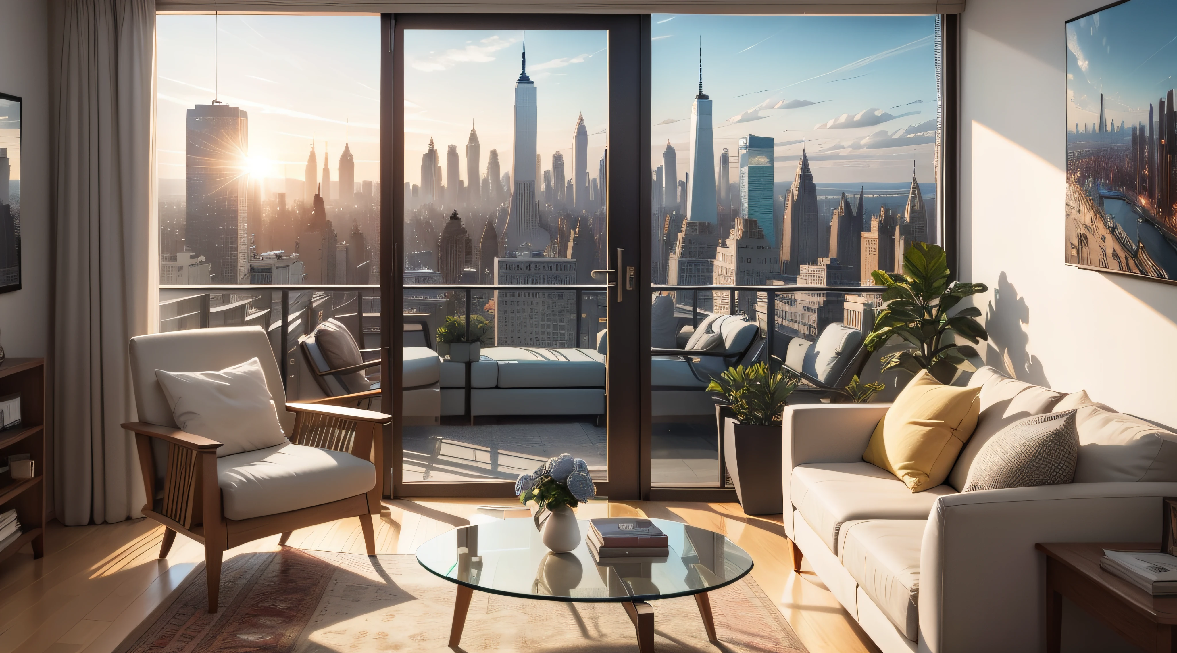 From inside a modern apartment overlooking New York 8K high resolution detailed more details Ultra HD