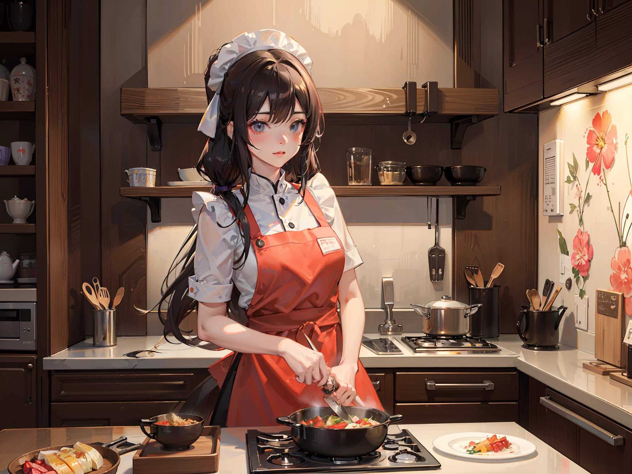masutepiece、Ultra HD digital art、(Cooking Classes)、Girl vs、Long hair、double tails、Cute face、Enjoy、aprons、(big kitchen)、Crystal clear skin、kawaii eyes、Master cook、Cut vegetables with a kitchen knife、Perfect hand、intricately details、Sharpness