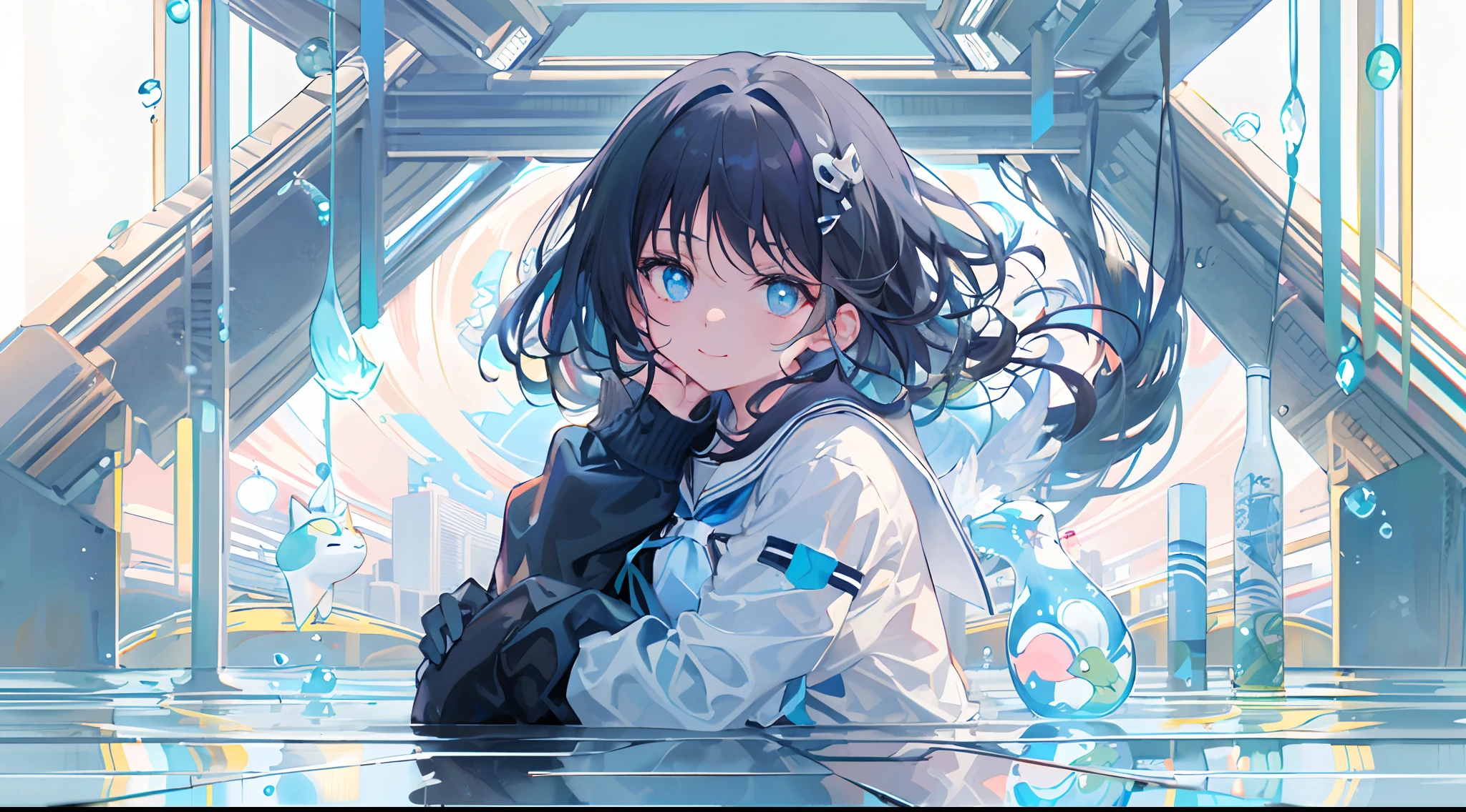 ((top-quality)), ((masterpiece)), ((ultra-detailliert)), (extremely delicate and beautiful), girl with, 独奏, cold attitude,((Black jacket)),She is very(relax)with the(Settled down)Looks,A dark-haired, depth of fields,evil smile,Bubble, under the water, Air bubble,bright light blue eyes,Inner color with black hair and light blue tips,Cold background,Bob Hair - Linear Art, shortpants、knee high socks、White uniform like school uniform、Light blue ribbon ties、Clothes are sheer、Hands in pockets