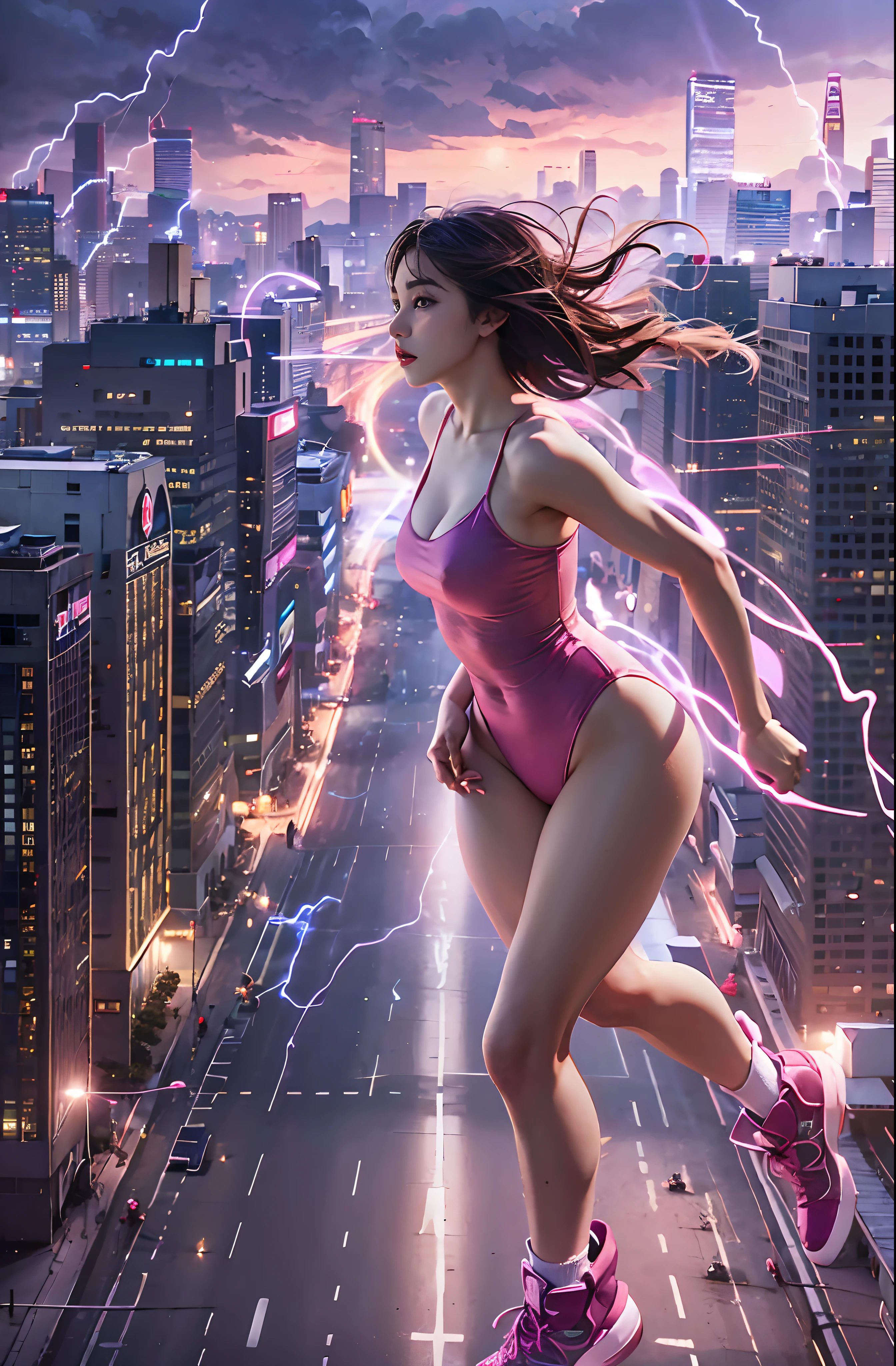 1girl, super beautiful girl, dream girl, wearing a leotard and pink boots, ulzzang, running, in the background a city, lightning in the sky, ultra details, ultra realistic, cinematic , octane render, 16k