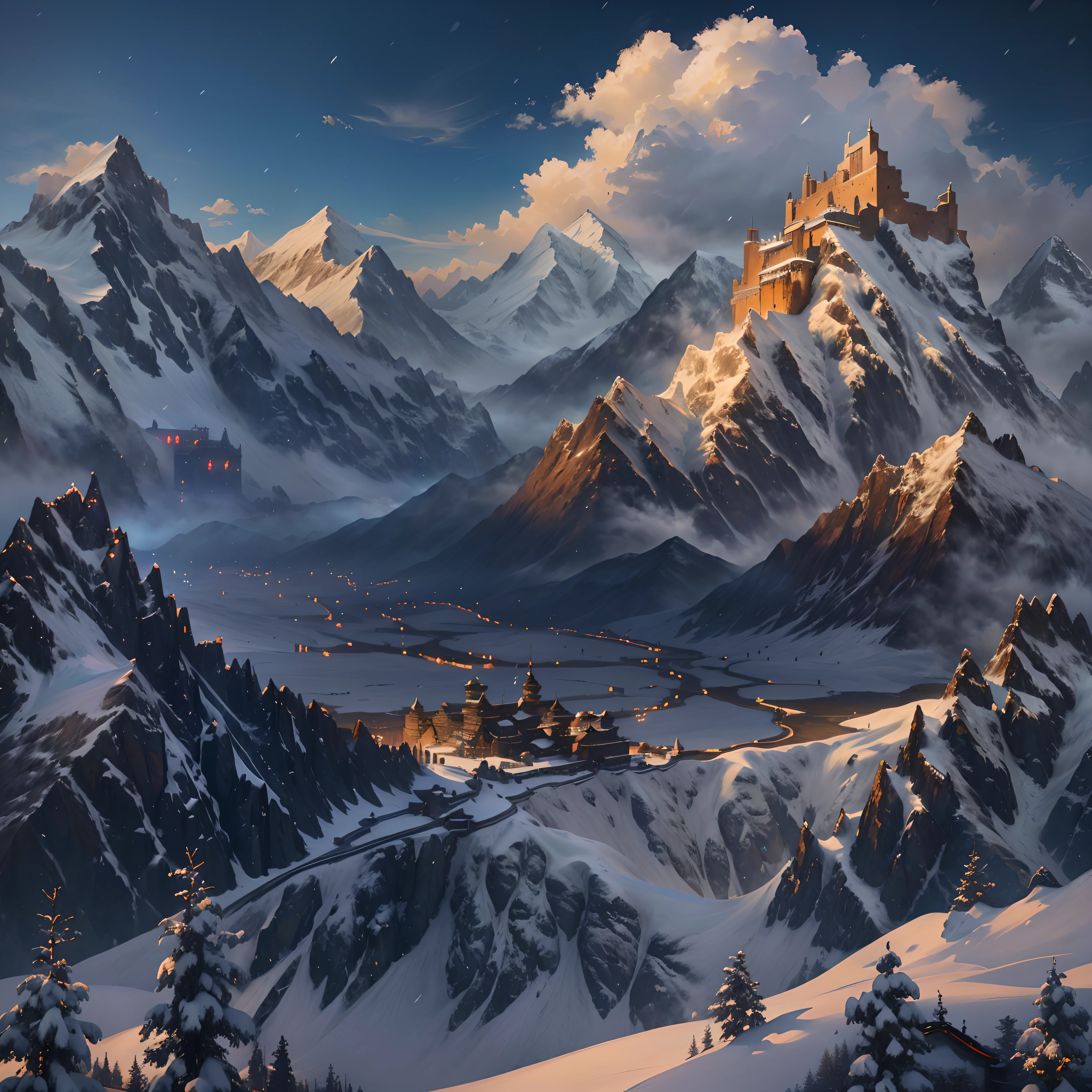 Snow-covered mountains and ancient buildings in the distance, 4k highly detailed digital art, 8K high quality detailed art, Illustration matte painting, 8k matte painting, 8 k matte painting, , 4K fantasy art, 4 k matte painting, Detailed 4K concept art, 8K stunning artwork, game art matte painting,Ancient Chinese architecture,The mountains are cloudy