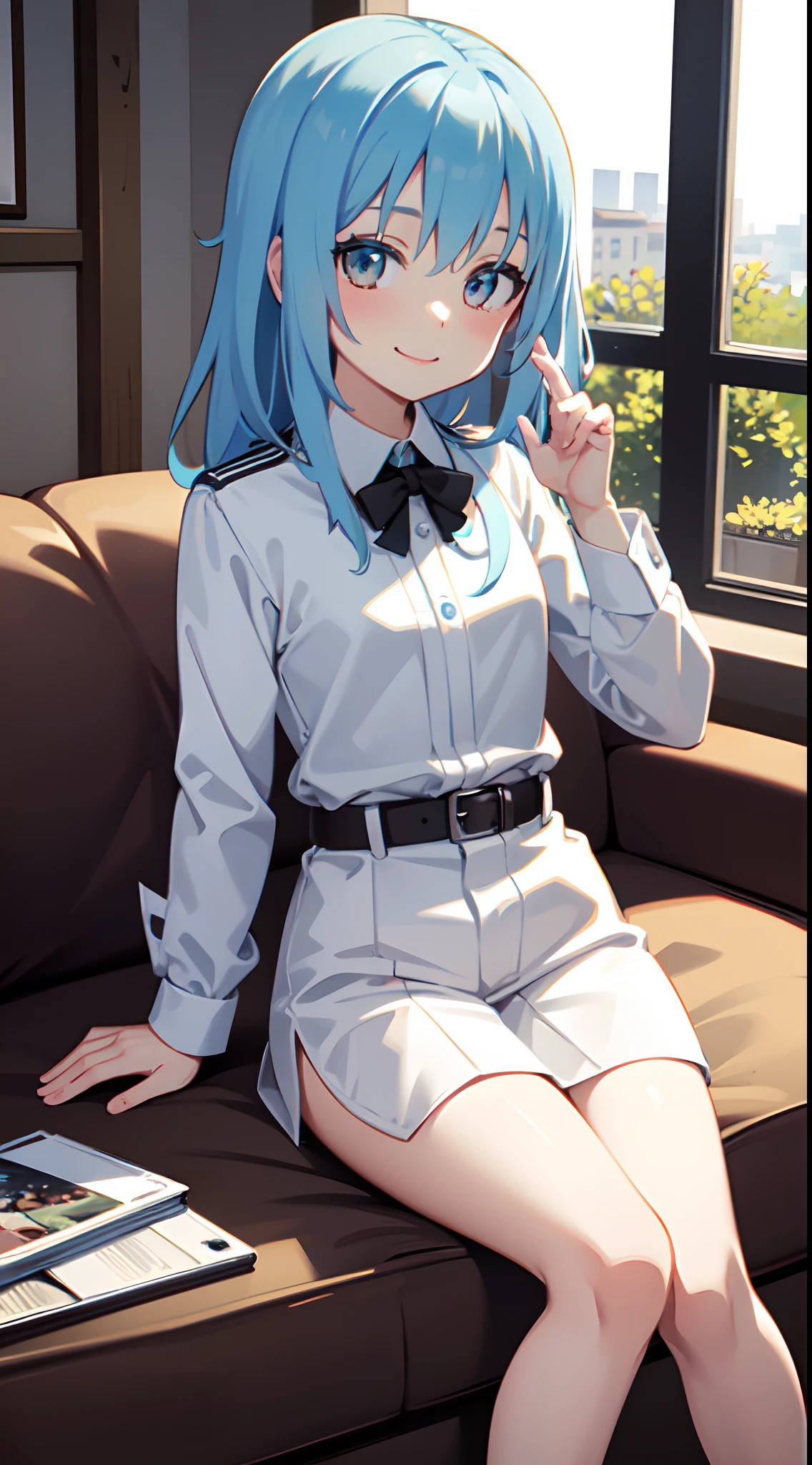 1girl, solo, nurse, (white thighhighs:1.2), (white loafers), white latex elbow gloves, sitting, smile, closed eyes, infirmary, clinic, <lora:cpyvazln_v33:0.8>