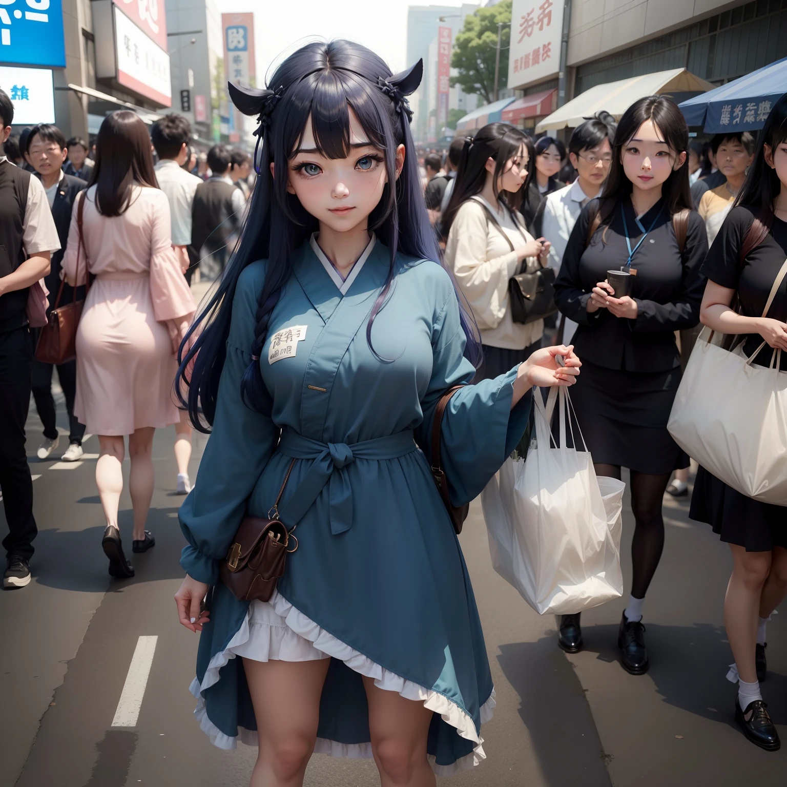 high-level image quality、​masterpiece、8K、1womanl、japanes、Konata Izumi（Rakisuta）、32years old、adult lady、Female with young body type、Saint a girl、小柄、1 persons、独奏、One person on the screen、Empty bangs、Hair color is dark light blue、Hair is dark light blue、Longhaire、long hair to the waist、Fetishes、Large bouncing hairs on the crown of the head,、Light green eyes、Cobalt green eyes、verd s eyes、big eye、huge-eyed、the nose is low、Close your eyes and kiss、nerdy、Active、Cheerful、Fluffy smile、Sluggishness、lethargy、looseness、Wear a dress、Small udder、almost no udder、flat breast、small tits、full of sweat、perspiring、outside of house、Tokyo Big Sight, Japan, Japan、Dōjinshi fair、traffic jam