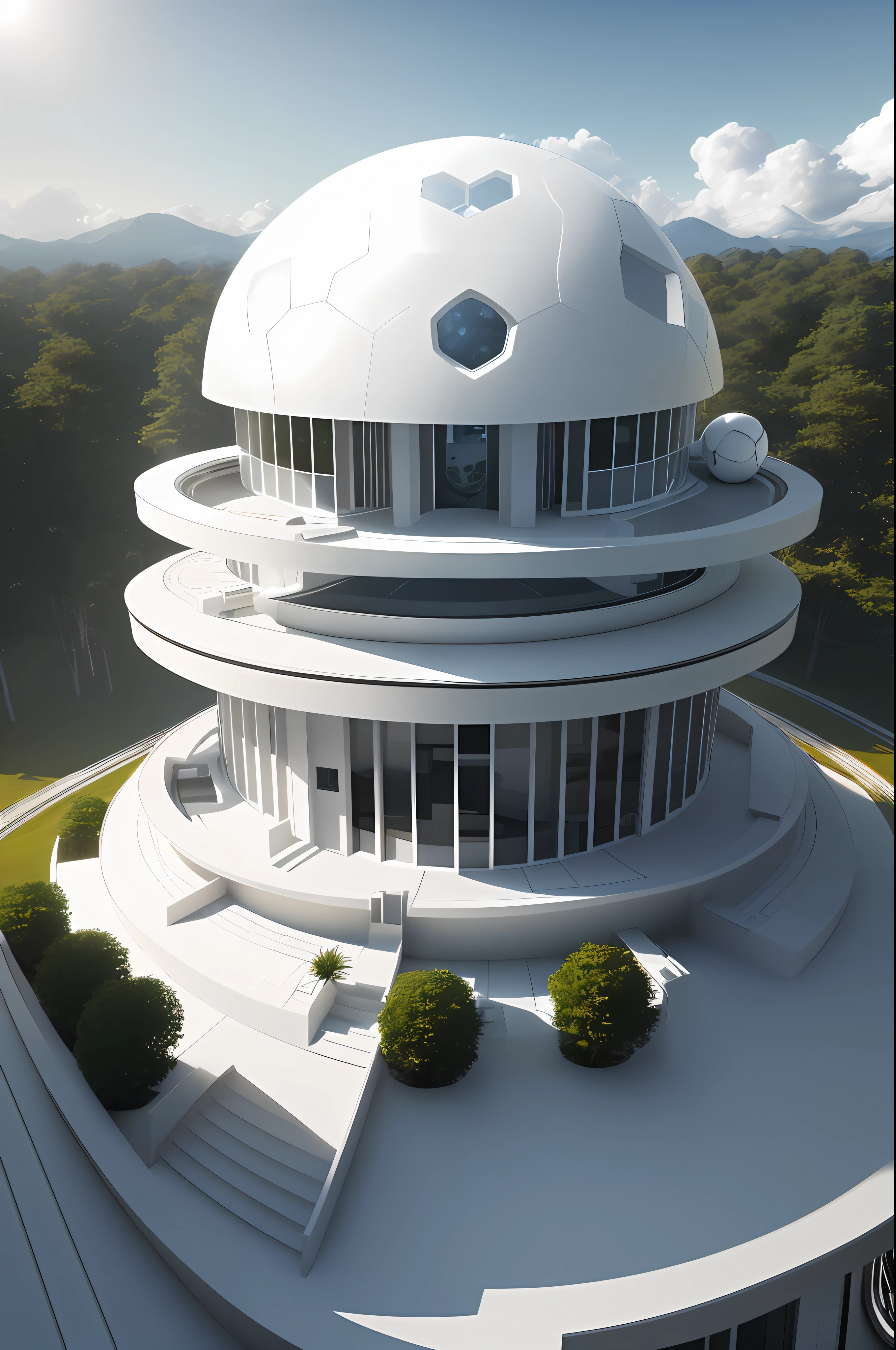 semi-spherical exterior home, modern architectural design, more forms and functions, new scientific home, high solar energy technology, white color and metallic, forest, daylight, sky, white cloud, realistic, photorealistic, futuristic, 8K, masterpiece, best quality, high resolution, extremely full detailed,