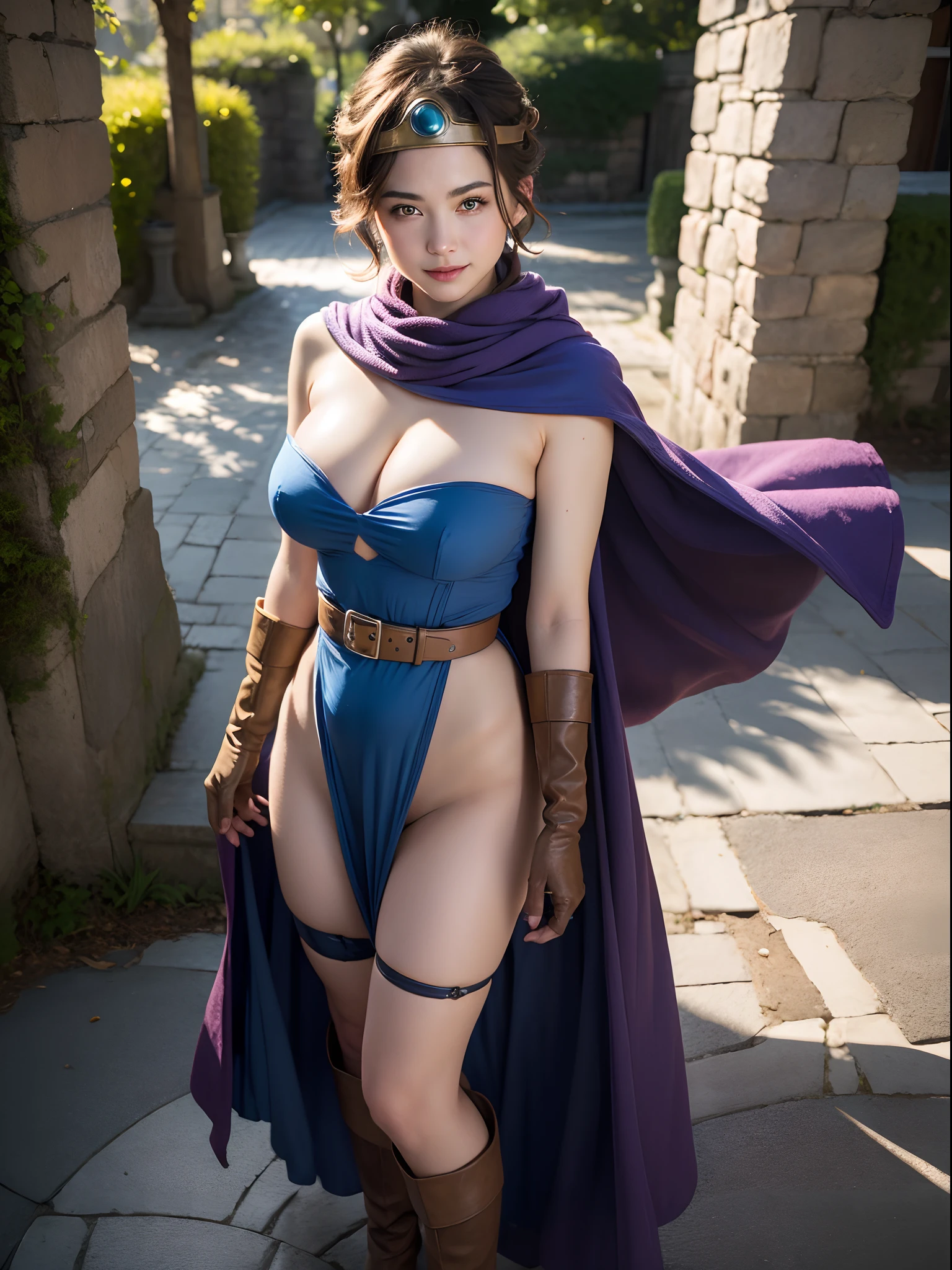 ((Masterpiece:1.4)), (high resolution:1.4), (standing:1.5), 1girl:1.5, solo,  roto (dq3), 1girl, solo, short hair, brown hair, blue eyes, circlet, large breasts, cleavage, strapless, blue dress, purple cape, thighhighs, elbow gloves, boots, belt, scabbard, knee boots, beautifull smile, beautiful face, highly detailed face, higly detailed eyes, highly detailed skin, skin pores, realistic pupils, full face blush, full lips, (perfect anatomy:1.1), (perfect proportions:1.1), (photography:1.1), (photorealistic:1.1), volumetric lighting, dynamic lighting, real shadows, (highres:1.1), sharp focus, daylight, (realistic, hyperrealistic:1.4), intricate, high detail, dramatic, subsurface scattering, big depth of field, vivid, polished, sharpened, ((full Sharp)), (extremely absurdres),16k hdr,