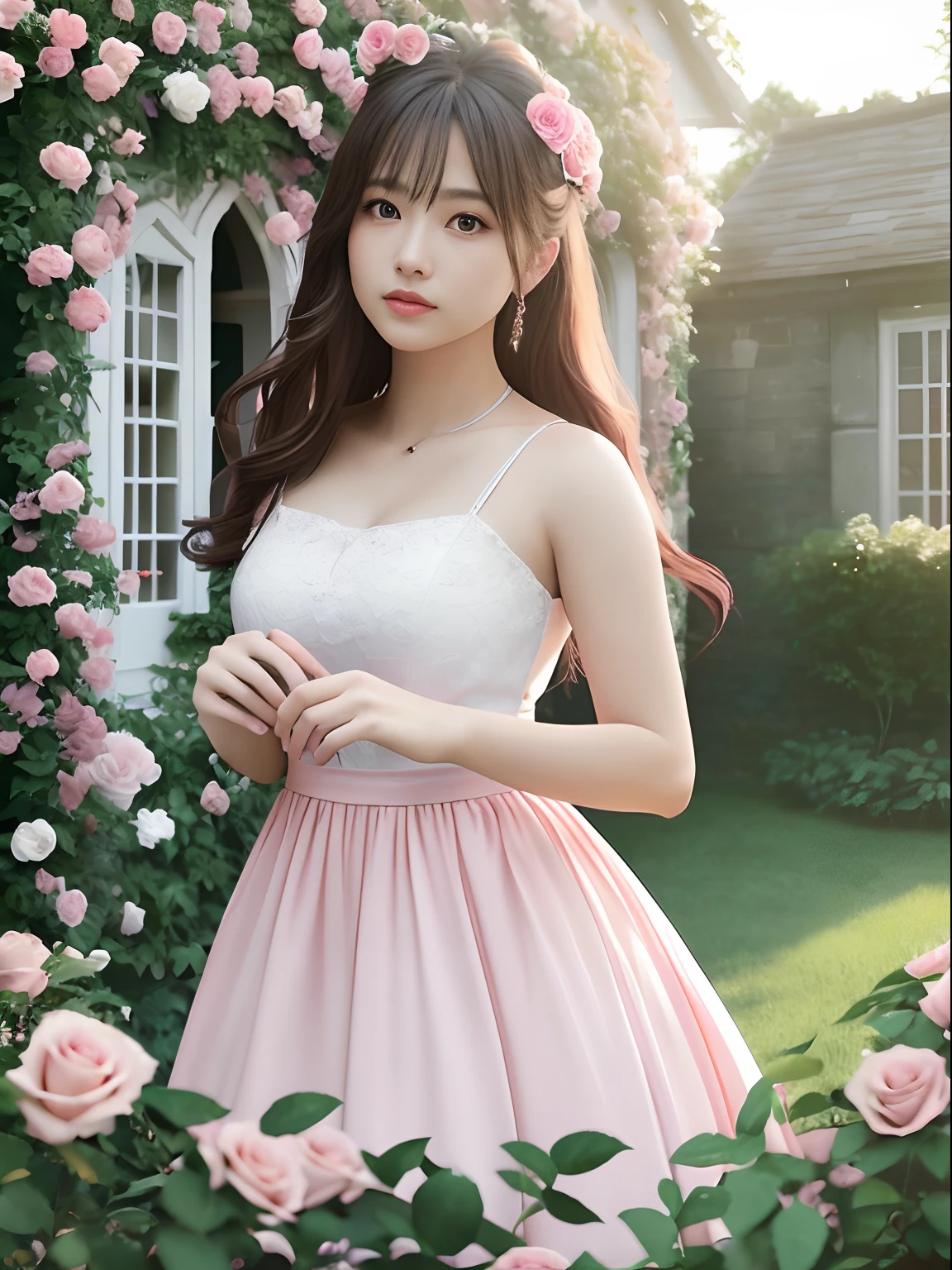 Professional photography, realistic, a clump of pink roses outside the house, beautiful and aesthetic, soft pink, beautiful beauty, roses in movie lights, lush flowers outdoors, nature and floral aesthetics, rose garden, roses, portal made of roses, beautiful images, roses, fantastic aesthetics, in a cottage core garden, pink golden hour, (masterpiece: 1.6, best quality), (fine detailed beautiful eyes: 1.2), (extremely detailed CG unity 8k wallpaper, masterpiece, super detailed, best shadows), (detailed background), high contrast, (best lighting, extremely refined and beautiful), ((color paint splash on transparent background, Dulux,)), ((caustic)), dynamic angles, beautiful details glowing, amazing, high detail, very detailed, beautiful, building shots, surrealism, Unreal Engine 5