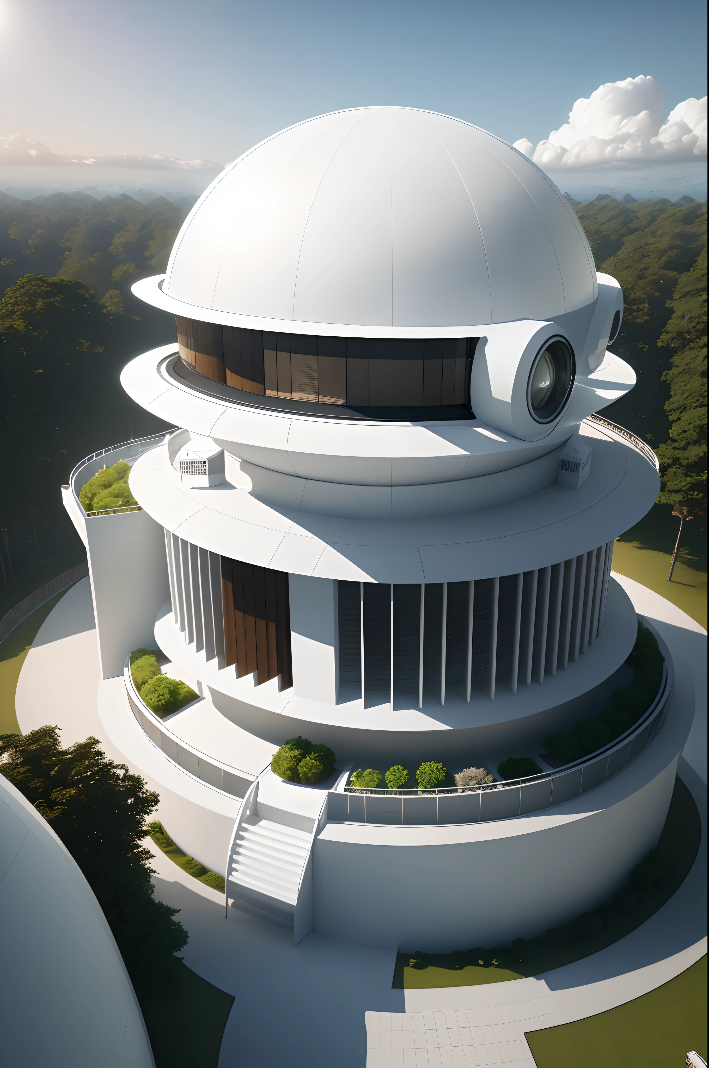 semi-spherical exterior home, modern architectural design, more forms and functions, new scientific home, high solar energy technology, white color and metallic, forest, daylight, sky, white cloud, realistic, photorealistic, futuristic, 8K, masterpiece, best quality, high resolution, extremely full detailed,