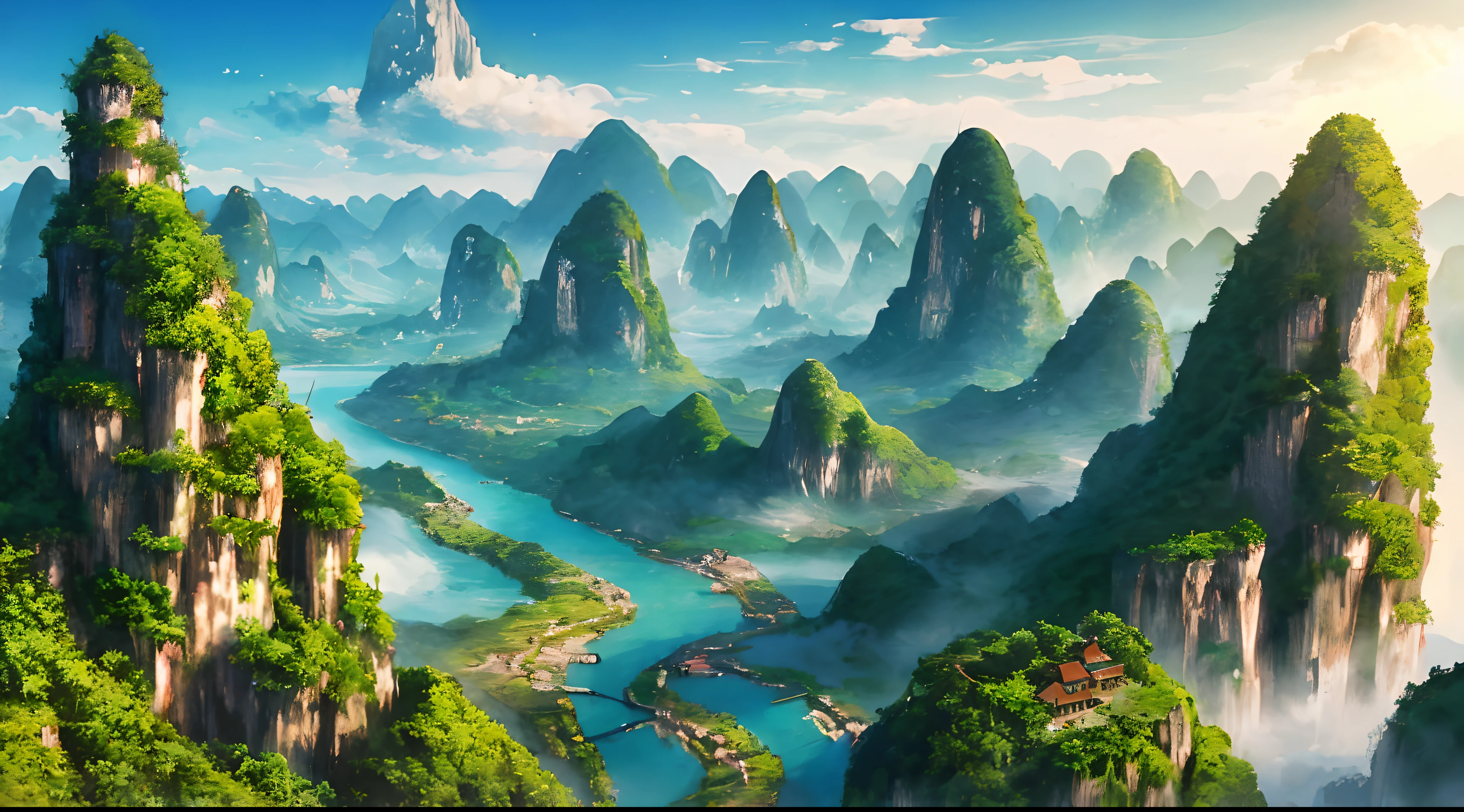 Many islands in the sea, Clouds large and small in the sky, Ancient Chinese architecture, group of buildings,Waterfalls, fantasy, in wonderland, Grow amazing plants, Mist, extreme hight detail, Realistic light, Epic composition, (Intricate details), (Hyper-detailing: 1.2), Spring, (Masterpiece, Best quality, Super HD) ,Guilin's landscapes are all over the world ,landscape painting,White mist envelops the vista