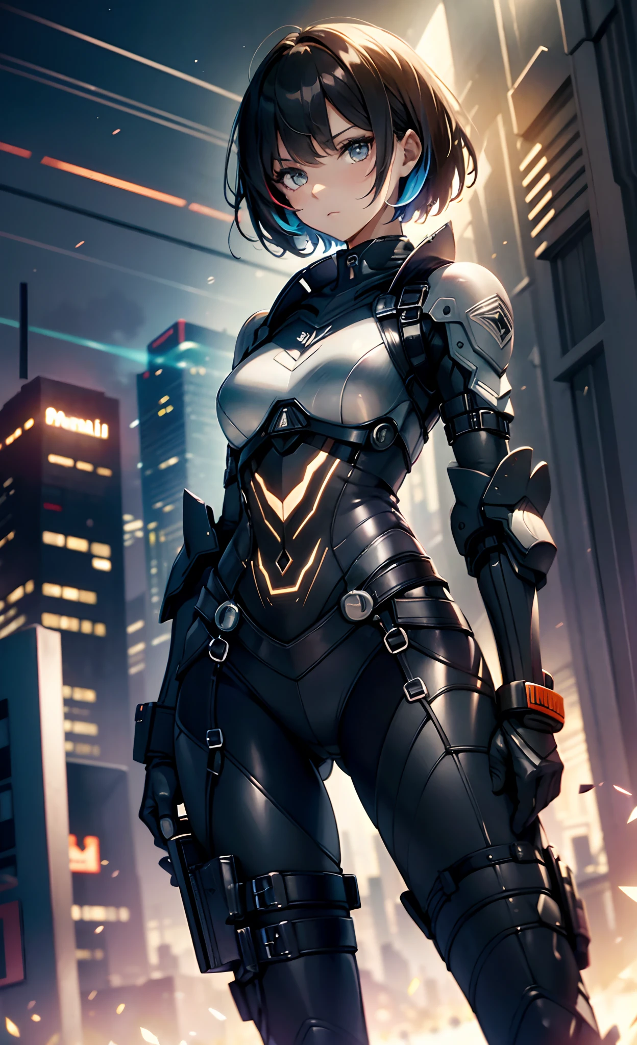 best qualityer，tmasterpiece，Ultimate resolution，downy，Extremely colorful，Colorful，Women combatants，a matural female，Black super short hair，holding gun，Tight combat suit，tightsuit，Steel City background，the night，Normal posture，Normal posture
