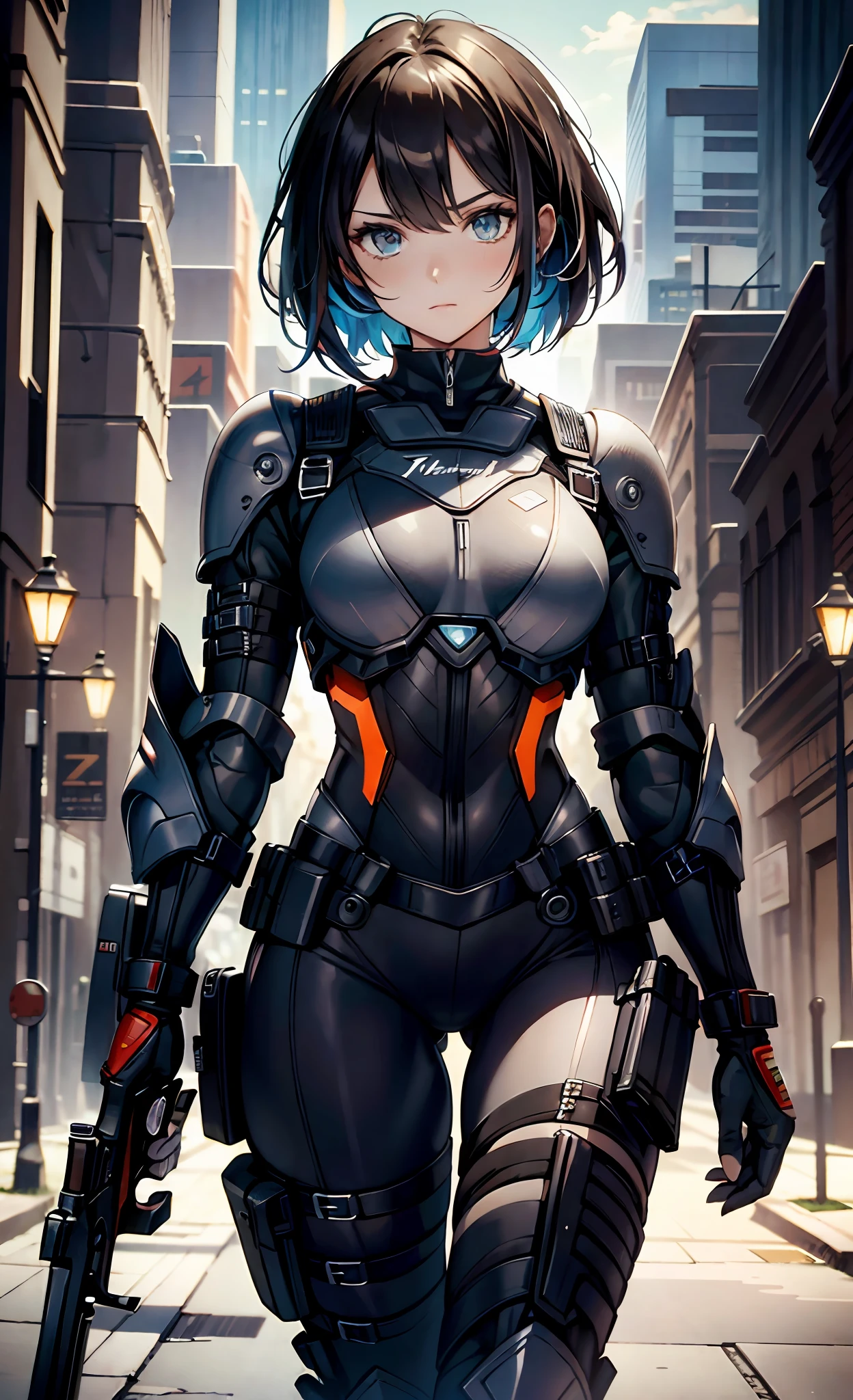 best qualityer,tmasterpiece,Ultimate resolution,downy,Extremely colorful,Colorful,Women combatants,a matural female,Black super short hair,holding gun,Tight combat suit,tightsuit,Steel City background,the night,Normal posture,Normal posture