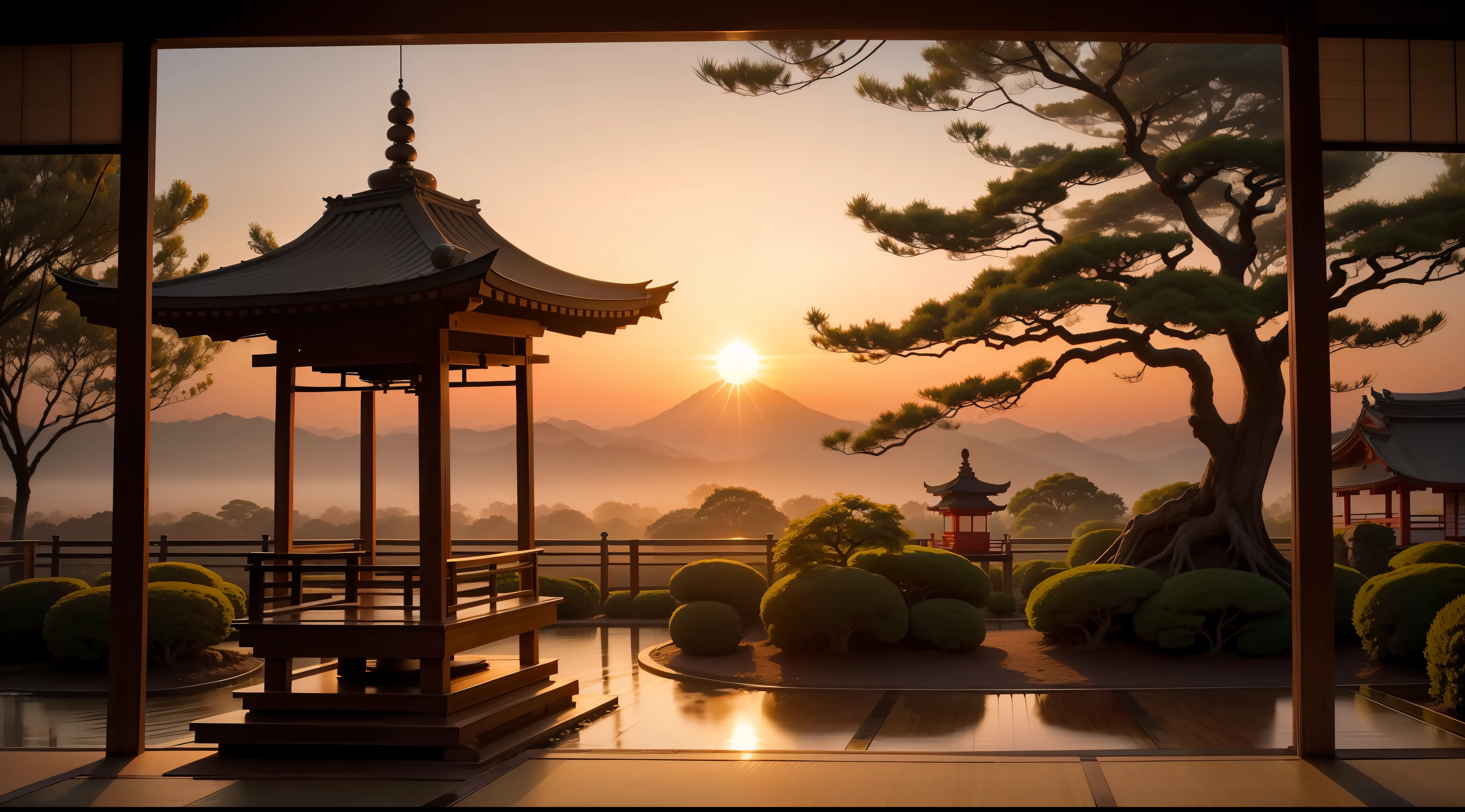 sun rising from behind japanese pagoda trees sunrise,