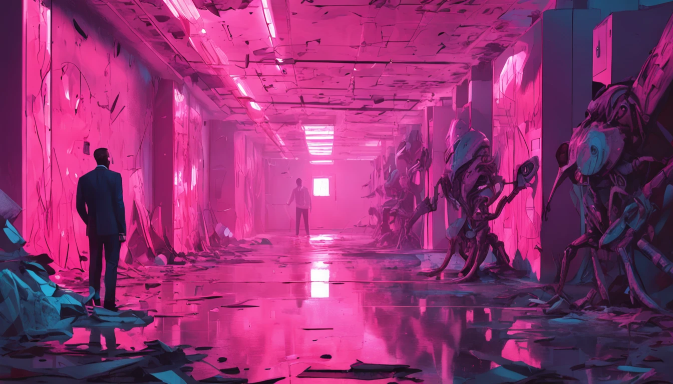 Fifteen men clad in a formal suit wields a weapon,Battle a (bio-mechanical monster:1.8),abandoned hospital corridor,illuminated by light rays filtering through the glass,in a contrasting pink and blue color scheme,painting style:Surrealism,artist: Alena Aenami
