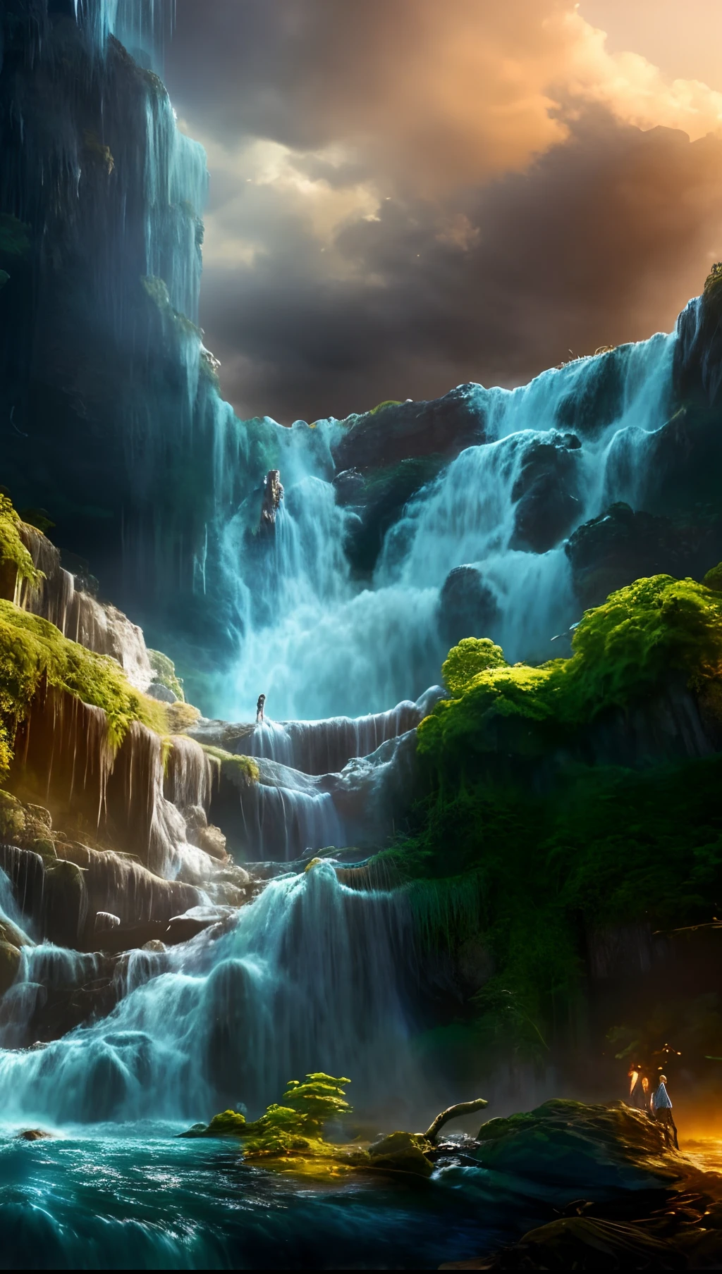 Waterfall in the middle of the forest with man standing on rocks, huge waterfall, stunning waterfall, Alien Falls, floating waterfalls, an endless waterfall, beautiful stunning waterfall, huge waterfall, amazing wallpapers, breathtaking fantasy art, impressive fantasy landscape, high waterfall, stunning digital painting, Waterfall background, huge waterfall, Waterfall Wall, Waterfall of the ancient monument, beautiful wallpaper